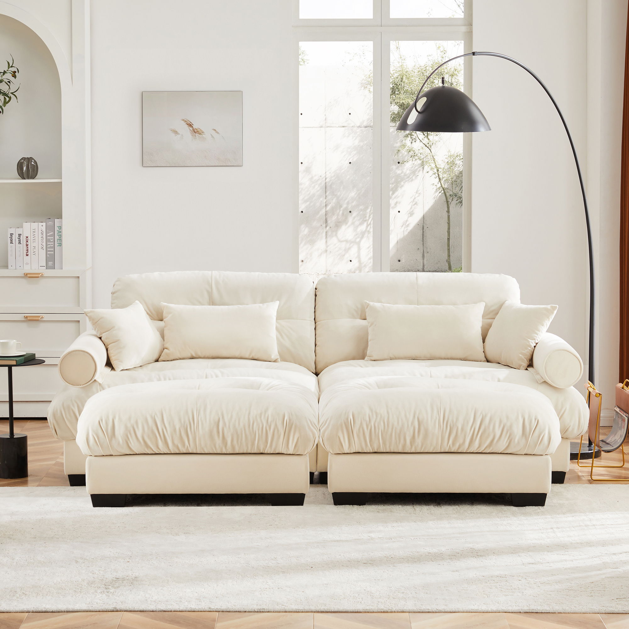 Modern Sectional Sofa With Ottoman, Round Bolster Armrests, Waist And Throw Pillows