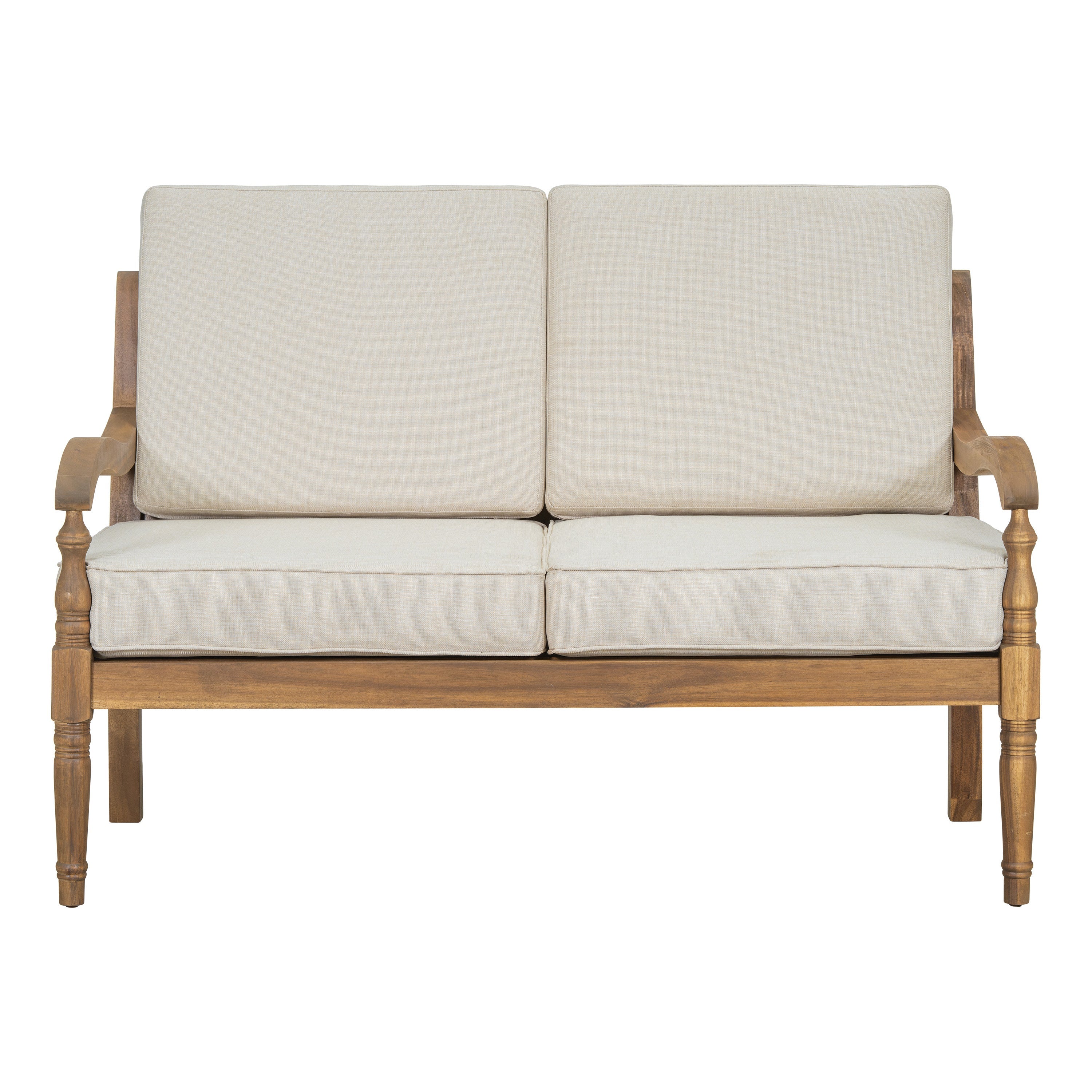 Outdoor Acacia Wood Loveseat with Cushions, Natural Finish with Beige Fabric