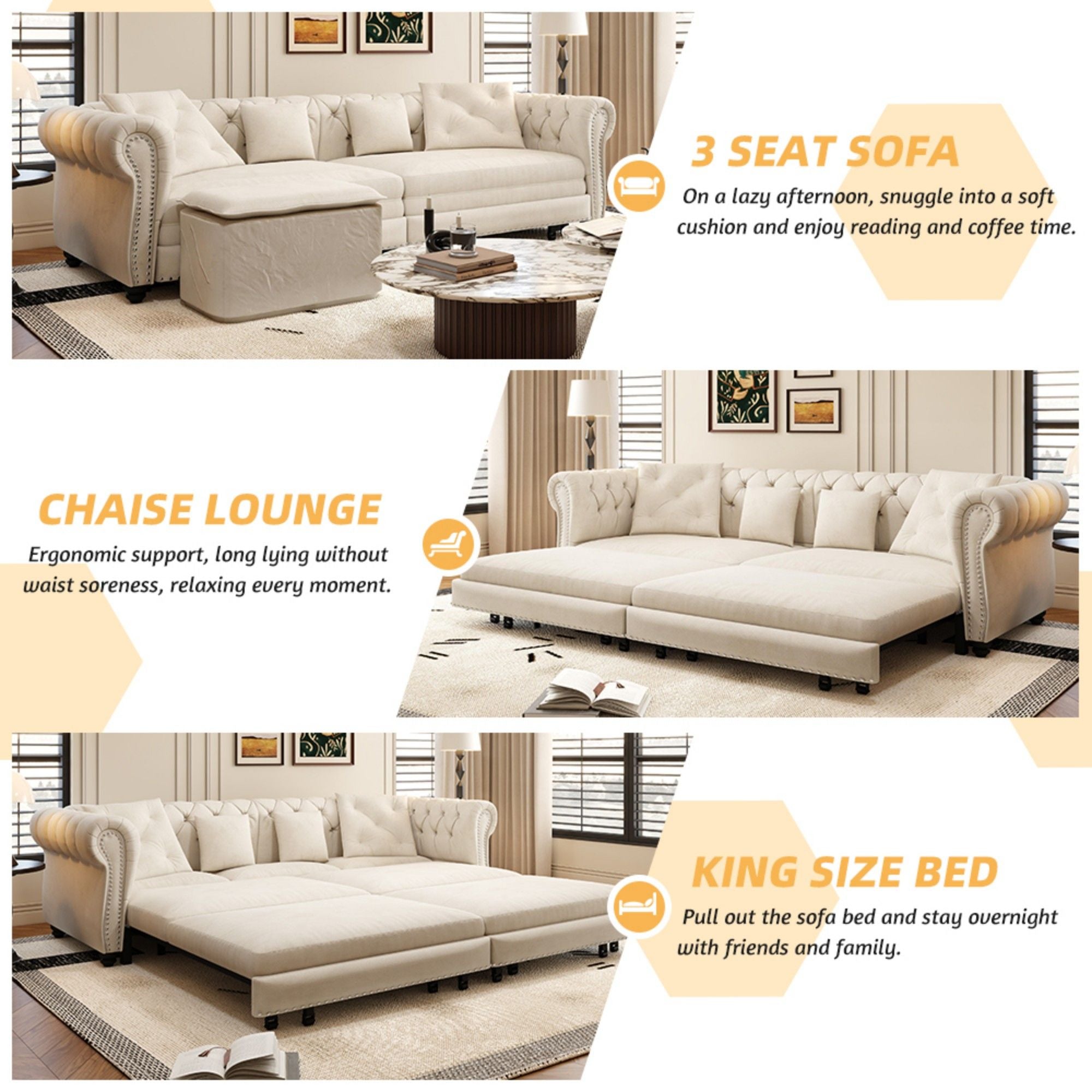 3 In 1 Pull Out Sofa Bed, Convertible Sleeper Sofa Bed, 3 Seater Sofa With Movable Ottoman - Beige