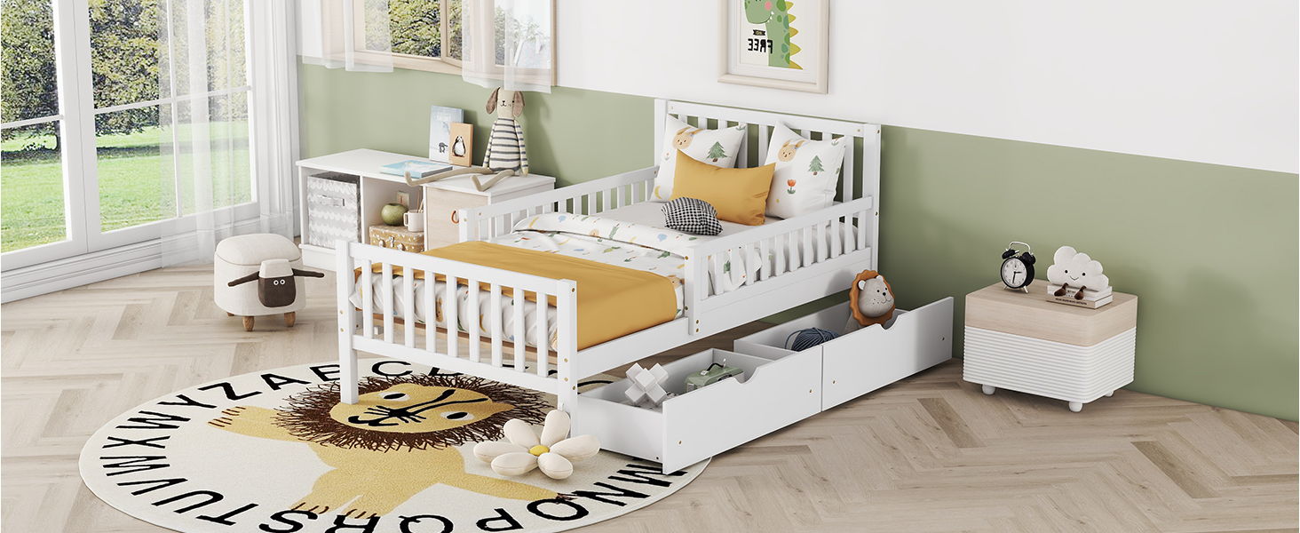 Platform Bed With Guardrails On Both Sides And 2 Storage Drawers