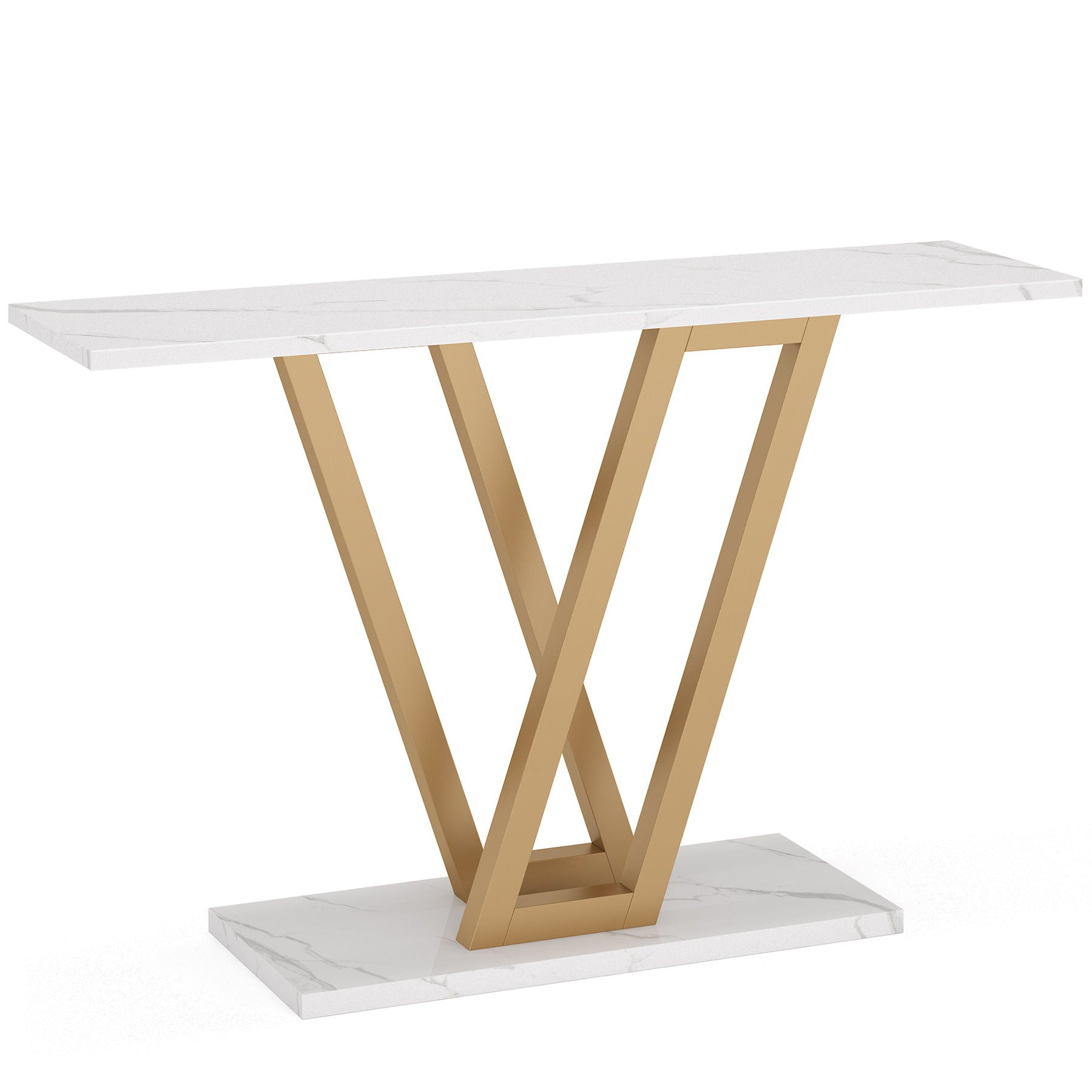 Console Table With Top With V Leg Frame For Hallway, Living Room - White / Gold