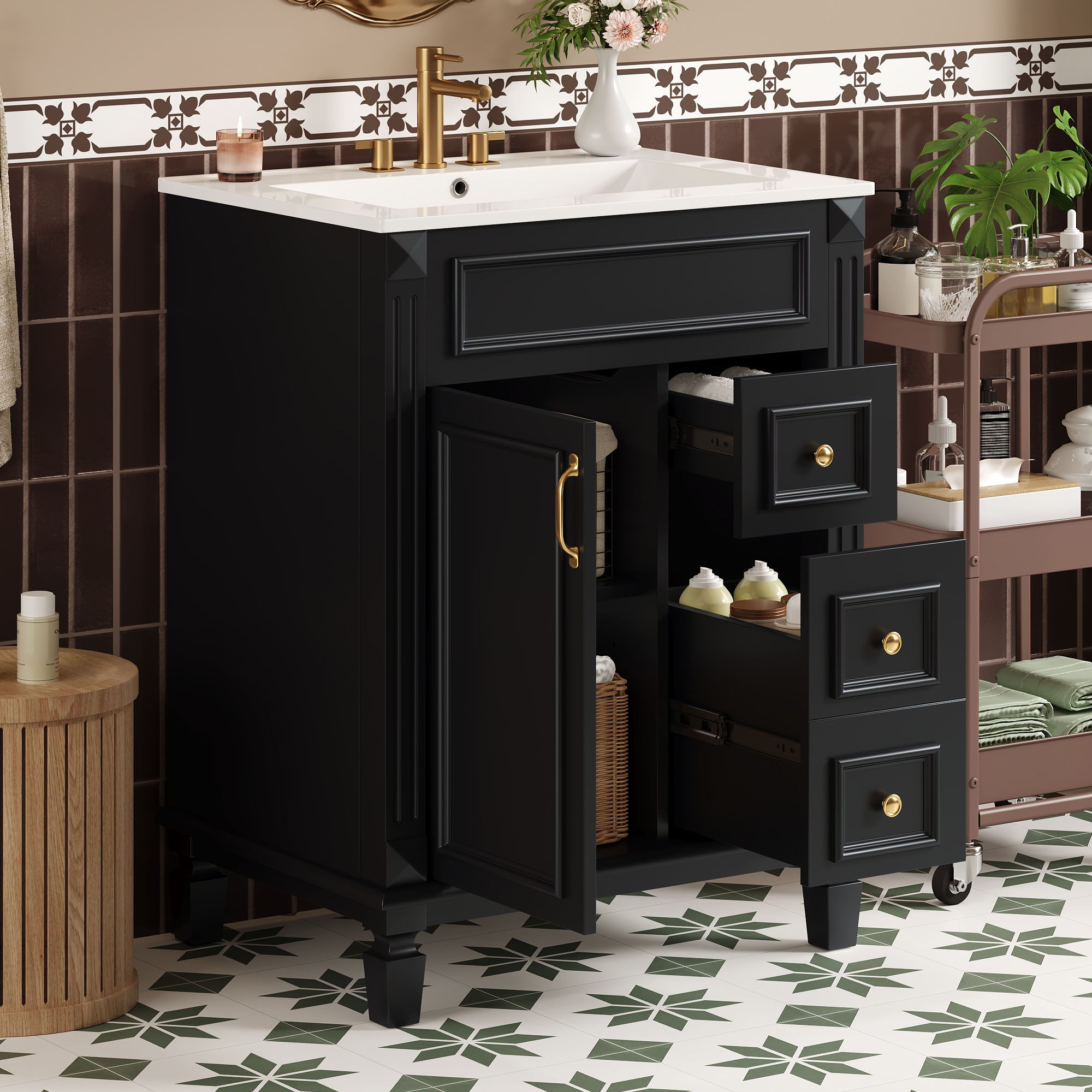 Bathroom Vanity With Sink, Compact Cabinet & 2 Drawers And Adjustable Shelf