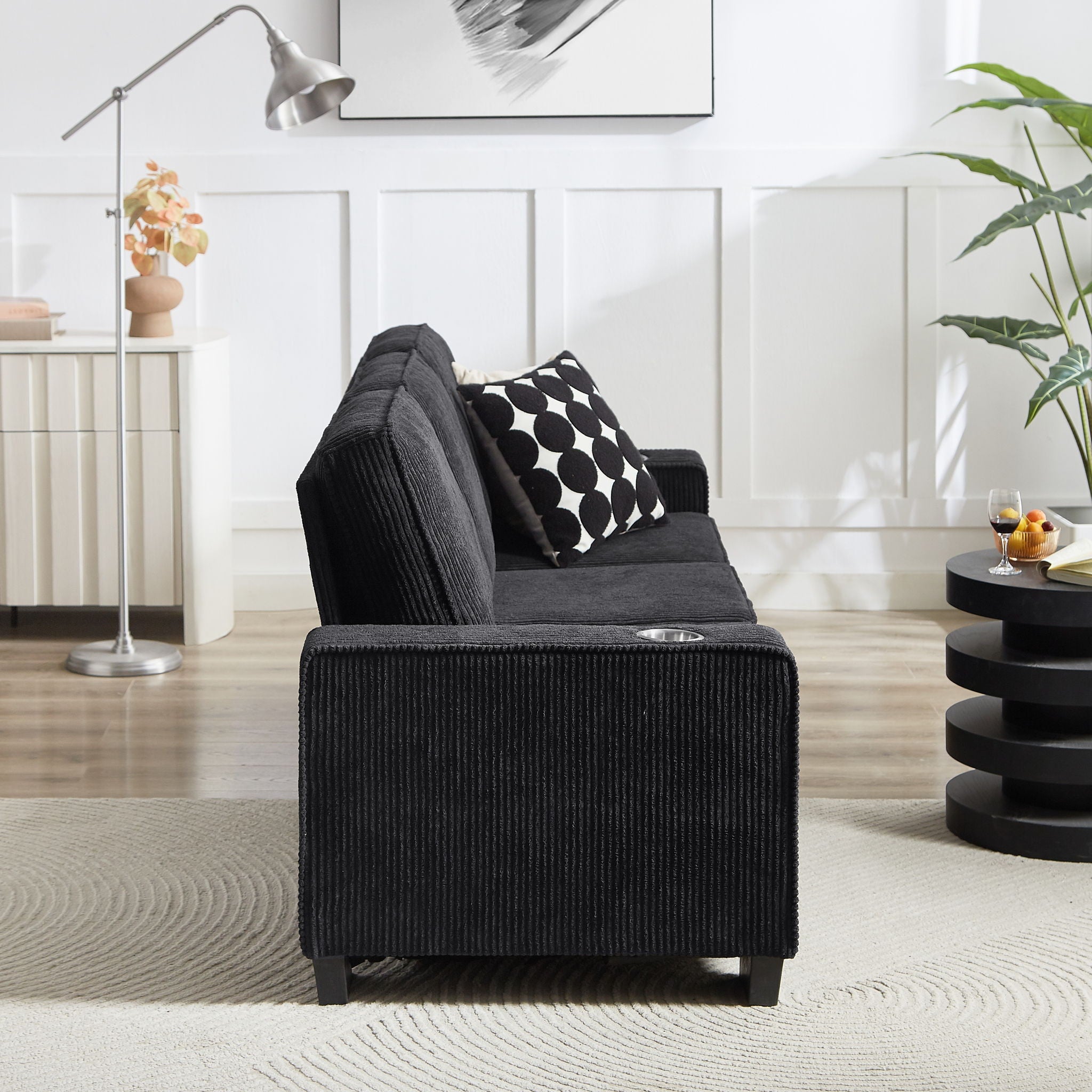 Modern Corduroy Fabric Sofa, 3 Seater Compressed Couch With Cup Holders