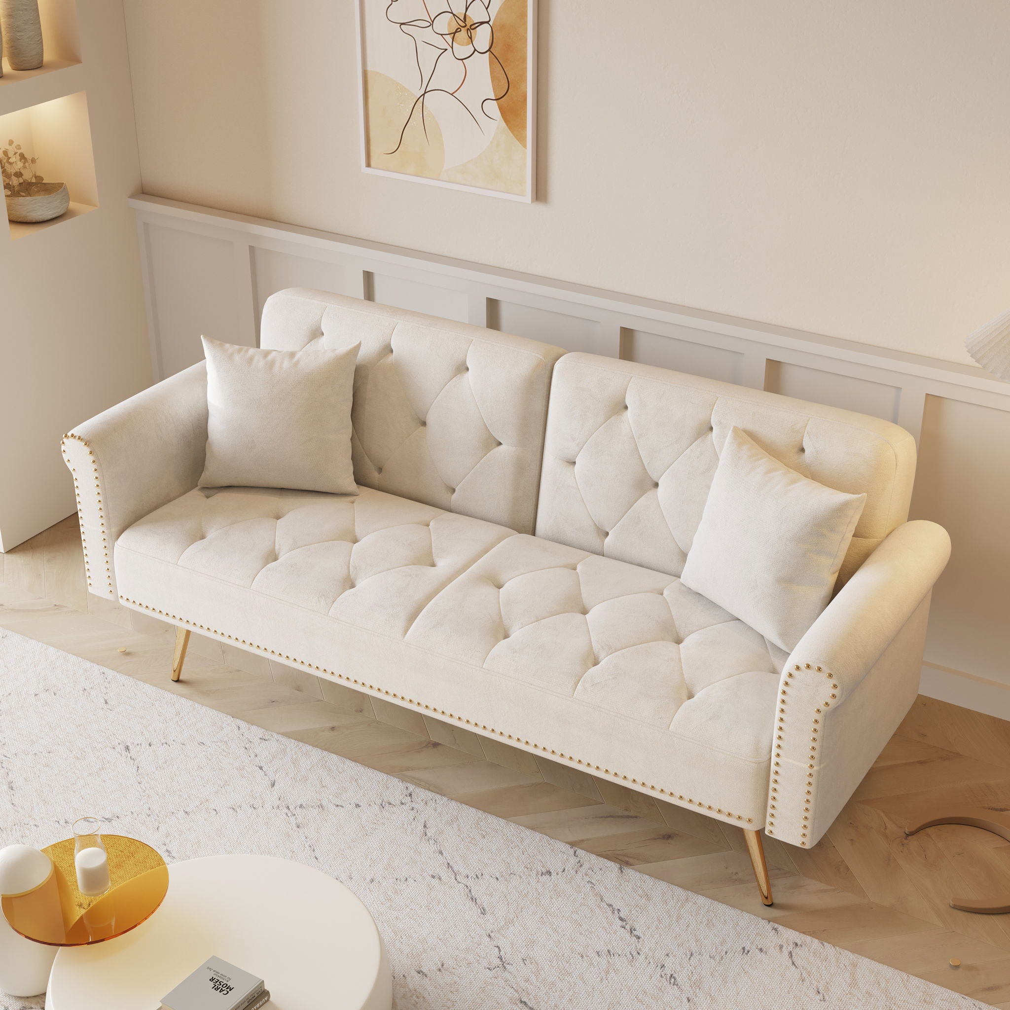 Luxurious Velvet Sofa Bed With Nail Head Trim And Matching Pillow