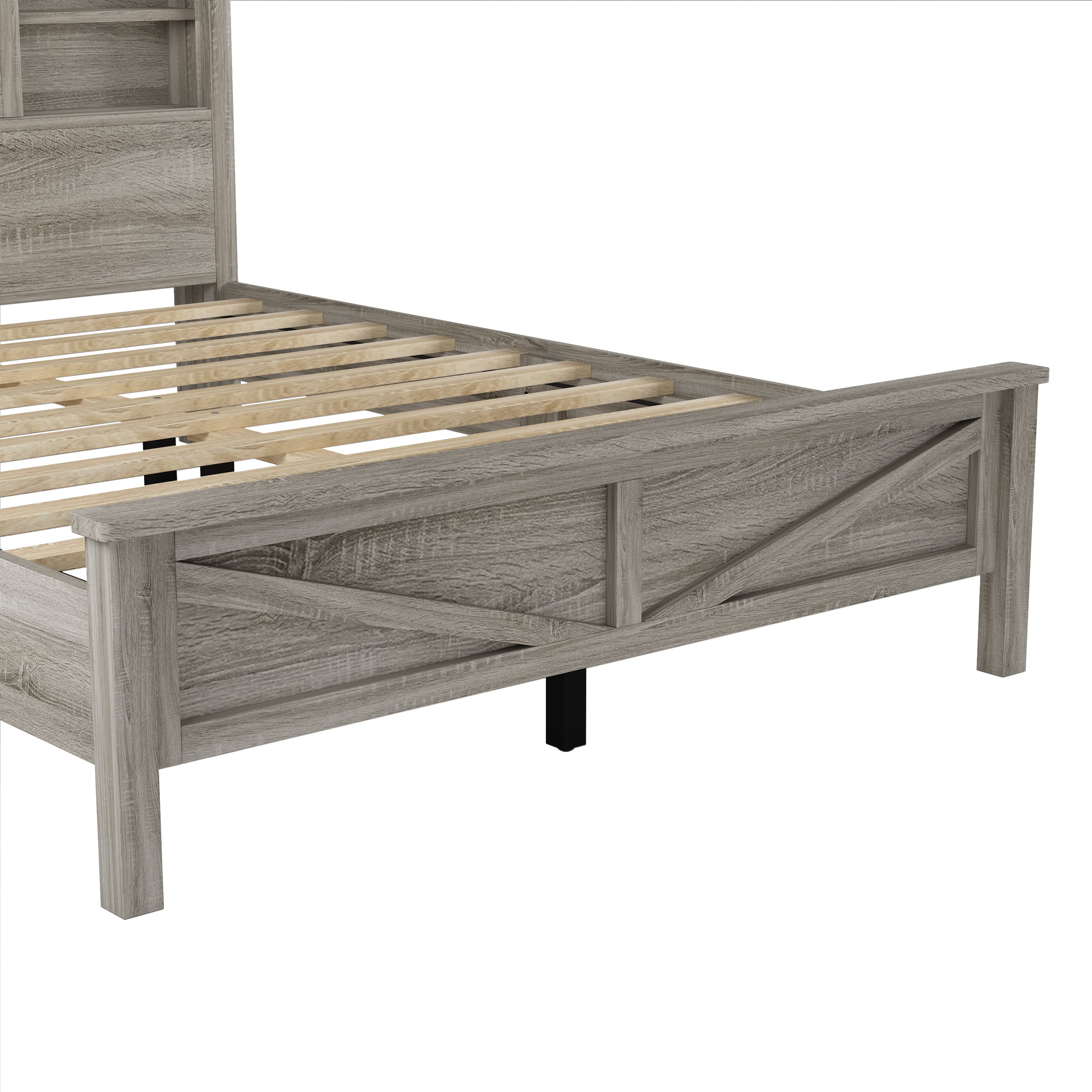 3-Pieces Bedroom Set Queen Size Farmhouse Platform Bed with Storage Headboard and Charging Station