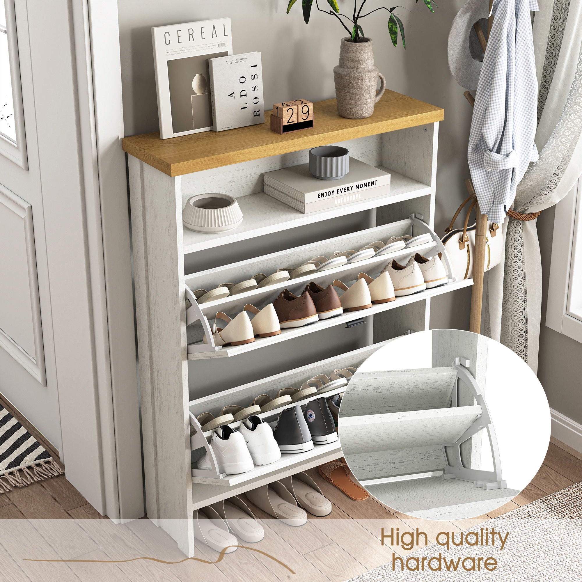 4 Layer Folding Shoe Cabinet With Metal Rounded Corners Convenient Shoe Storage - White