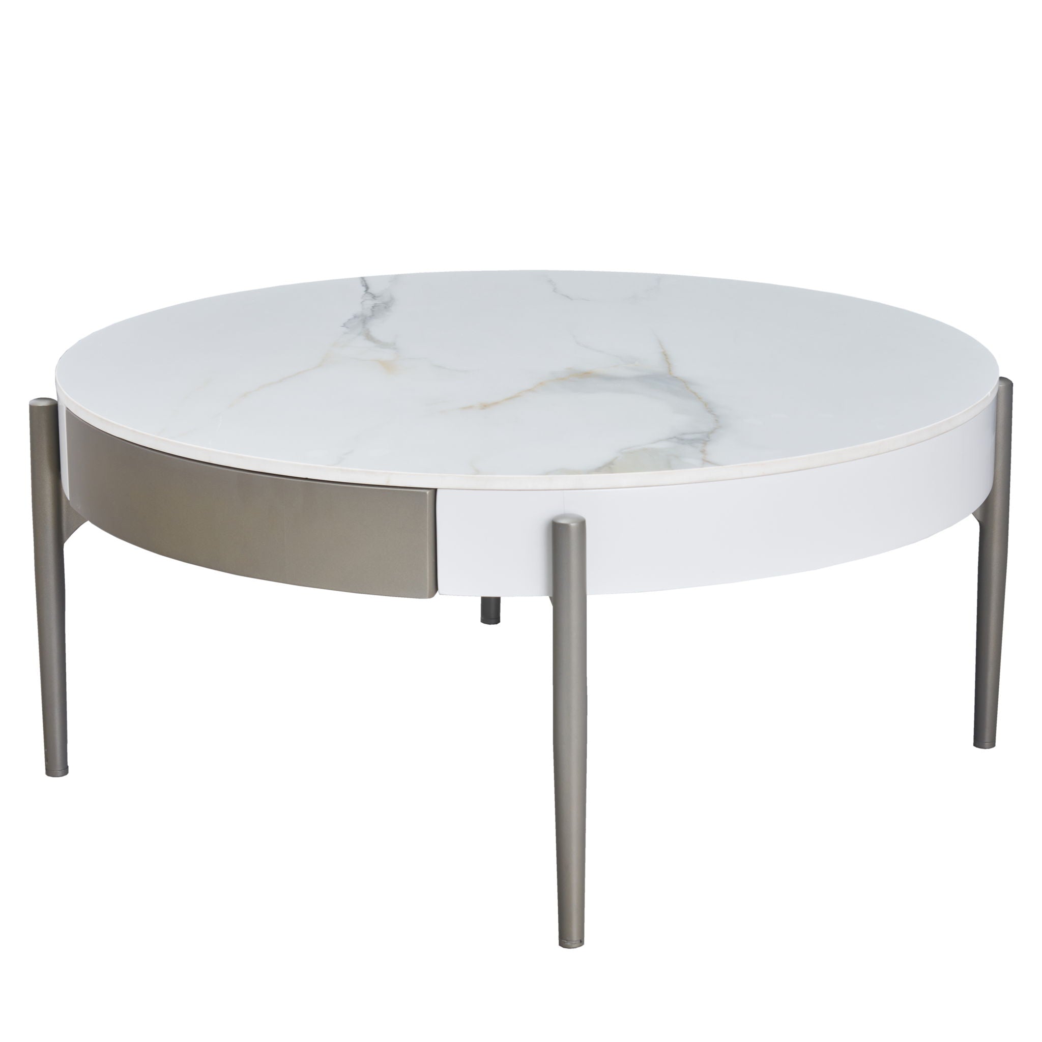 Modern Round Coffee Table With Storage Drawers Handcrafted Ceramic Inlay Tabletop 2 Tone Wood Legs Scandinavian Living Room Center Table - White / Gray