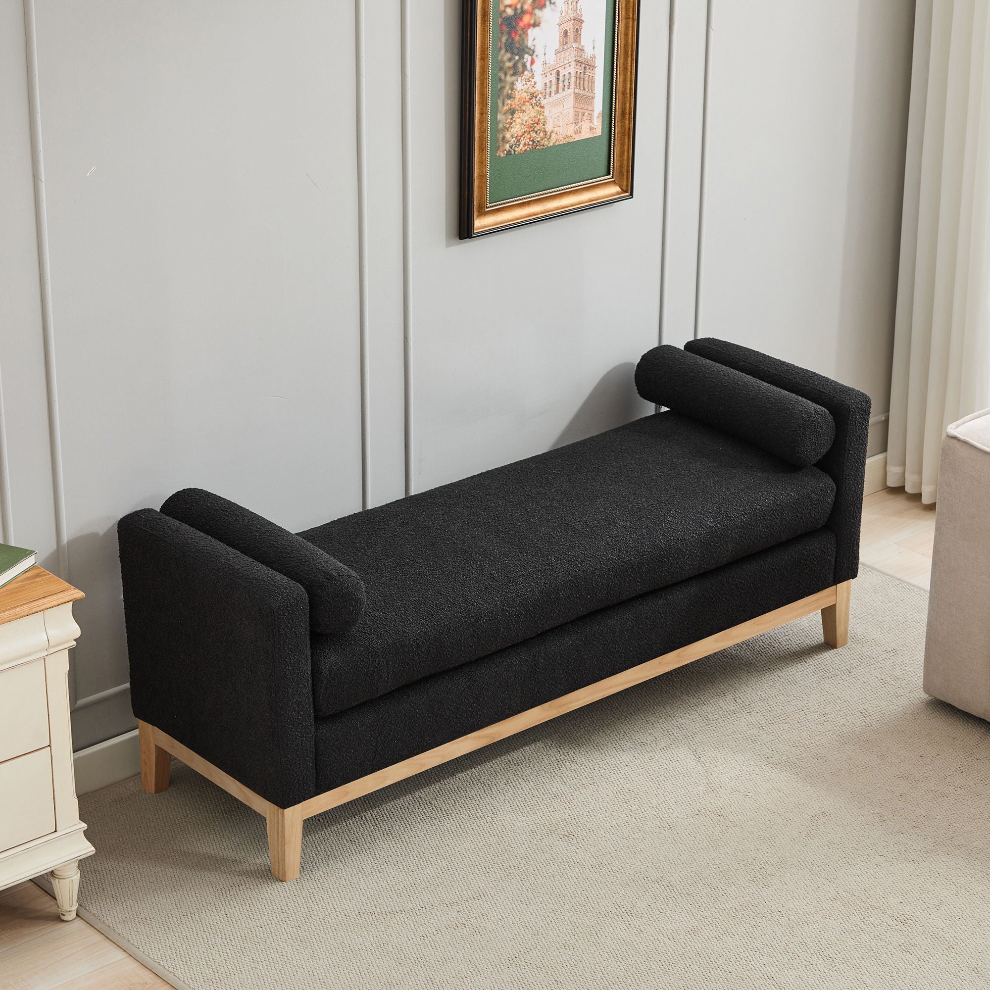 Elegant Upholstered Bench Daybed Ottoman With Bolster Pillows