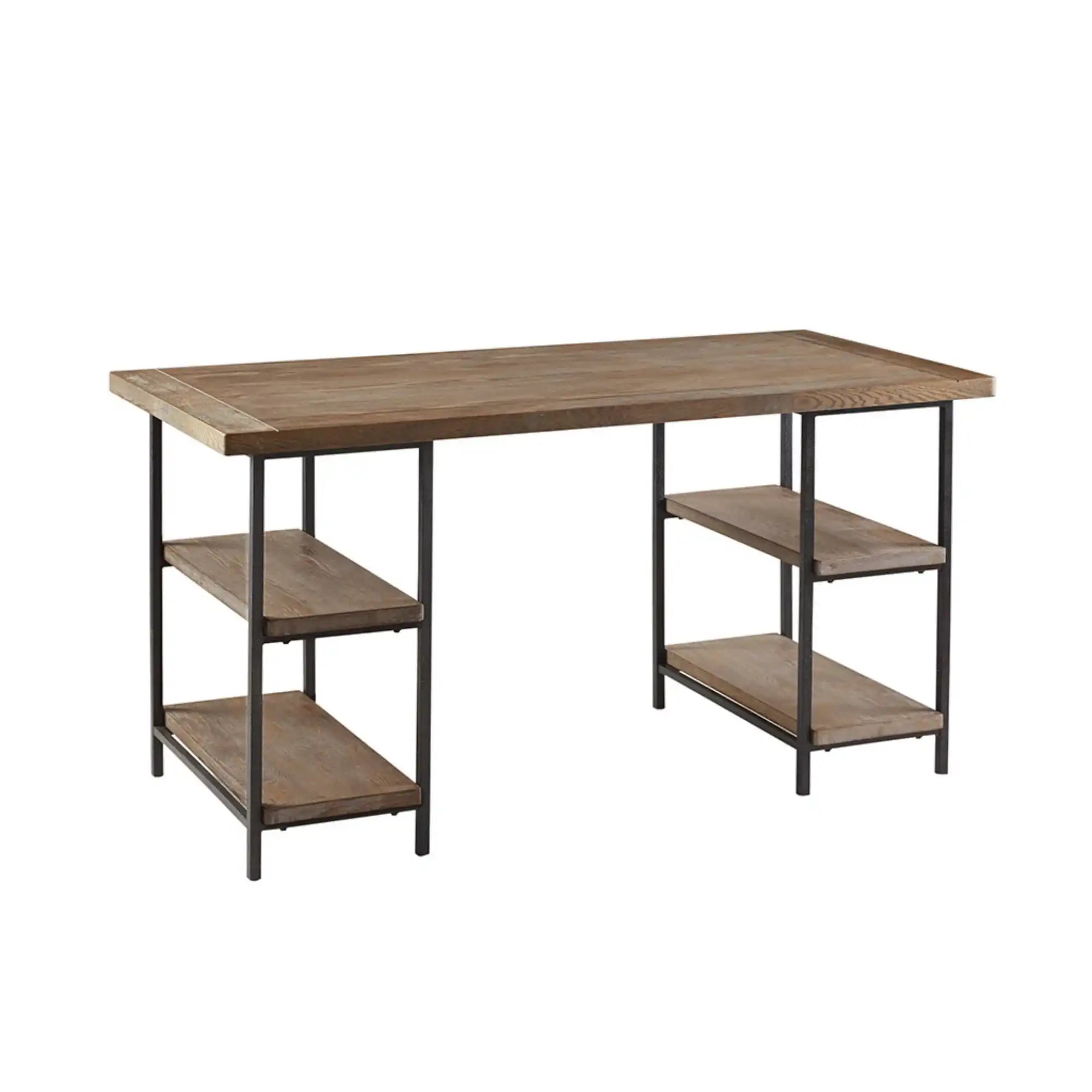 Industrial Style Metal Frame Accent Desk with Side Shelving in Reclaimed Grey Wood Finish
