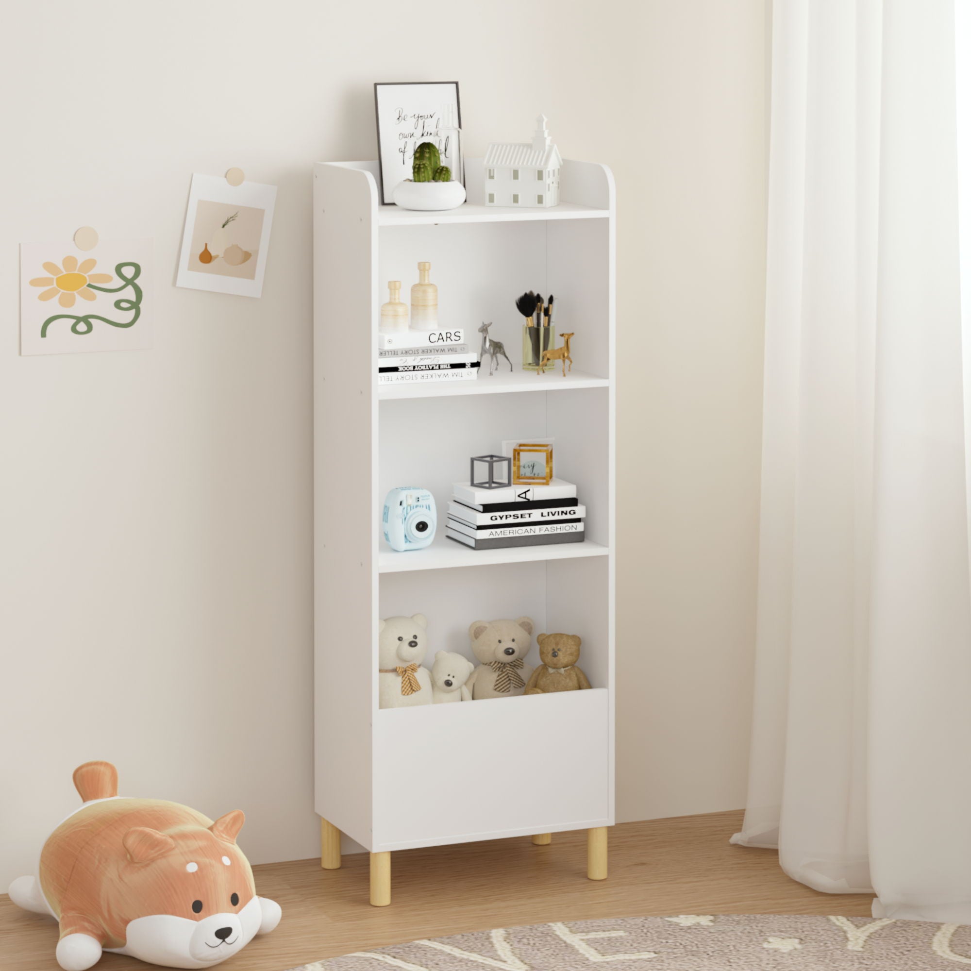 4 Tier Bookcase, Book Display With Safety Restraint, Storage Cabinet For Playroom - White