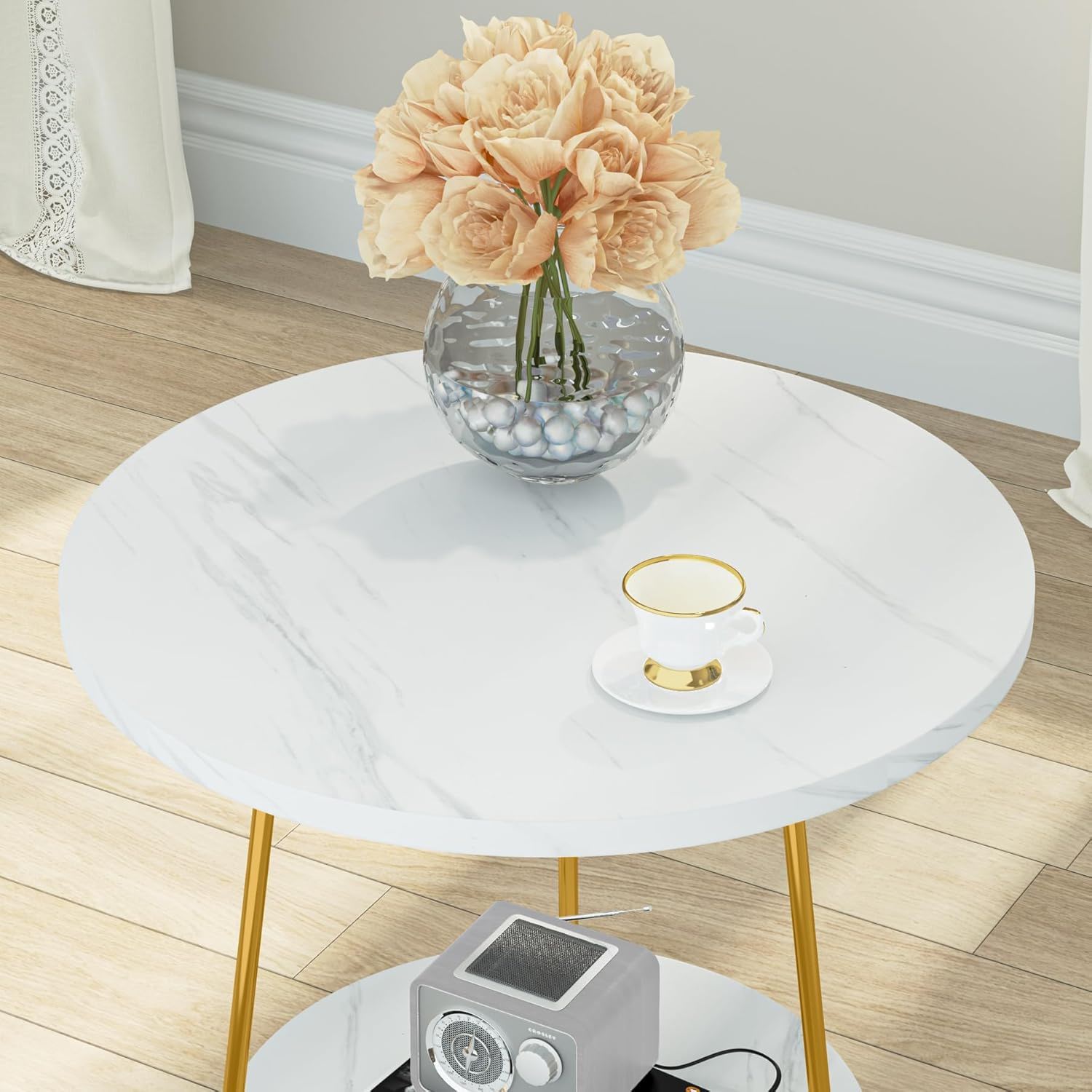 Round End Table With Hairpin Legs, 2 Tier For Living Room - White / Gold