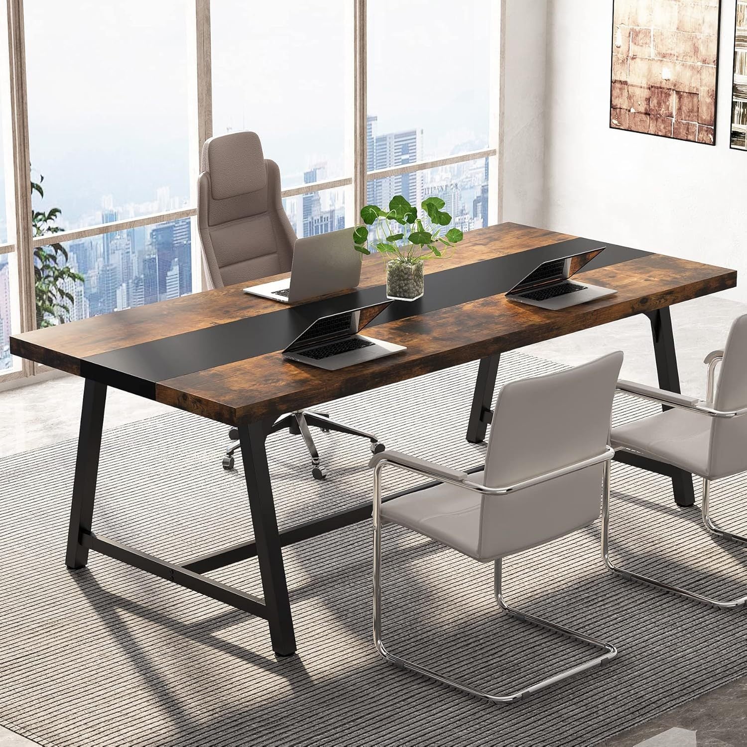 70.87', Modern Rectangular Conference Table for 6-8 People, Office Executive Desk with Durable Metal Frame, Large Work Surface for Boardroom & Team Collaboration – Rustic Brown & Black