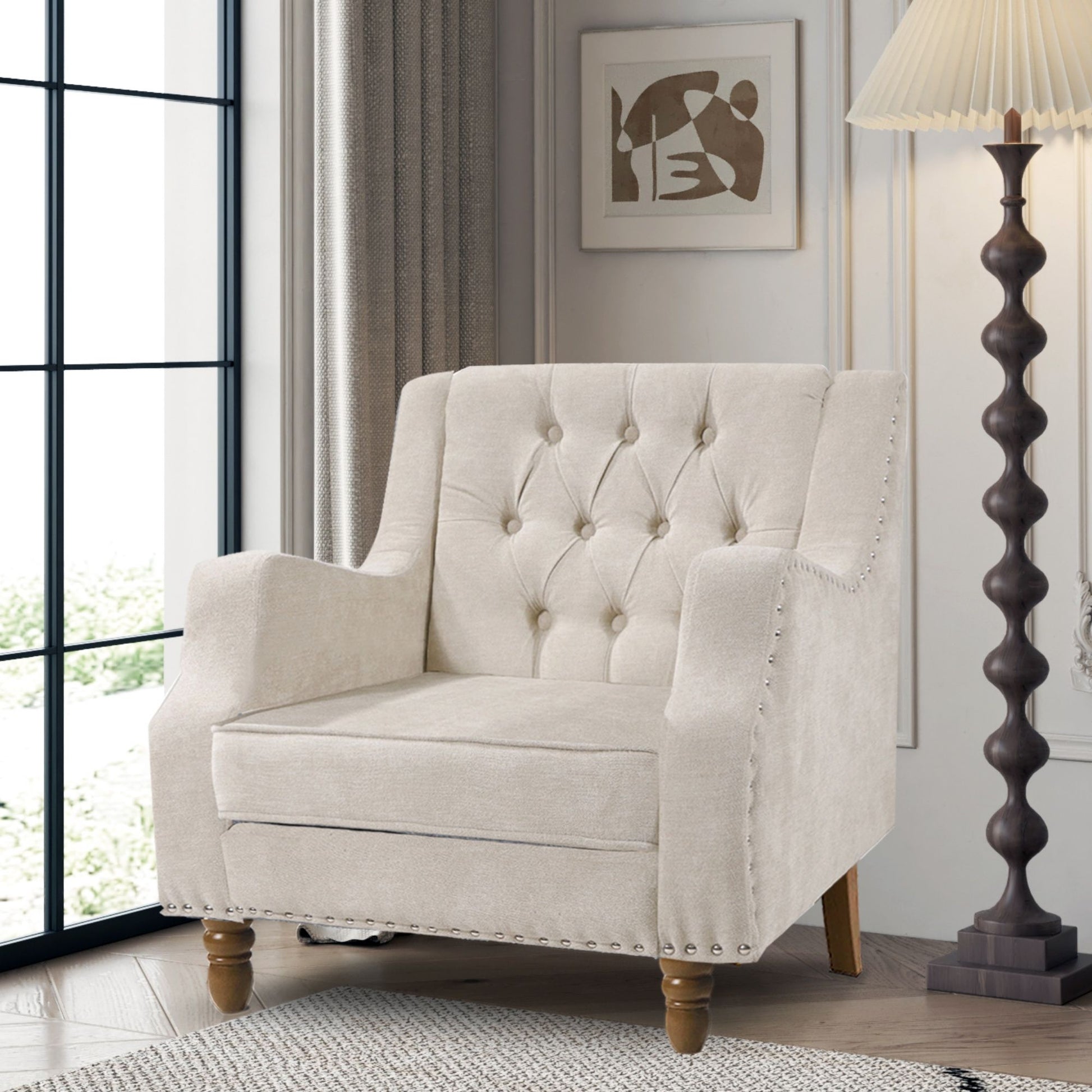 Accent Chair, Living Room Chair, Footrest Chair Set With Vintage Brass Studs, Button Tufted Upholstered Armchair For Living Room, Comfy Reading Chair For Bedroom, Reception Room - Best Buy Furniture