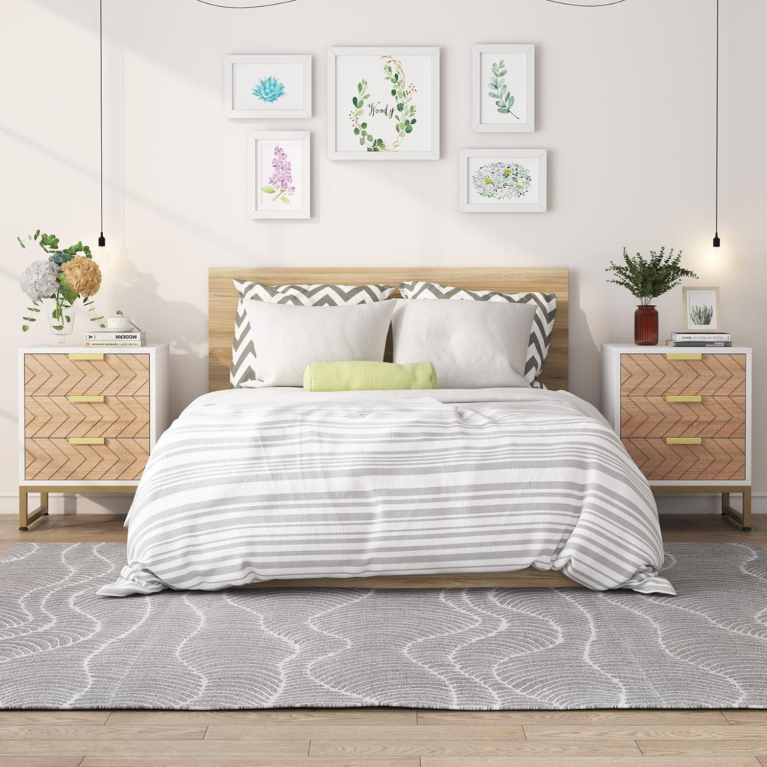 Nightstands With 3 Drawers, Zig Zag Design (Set of 2) - White / Oak