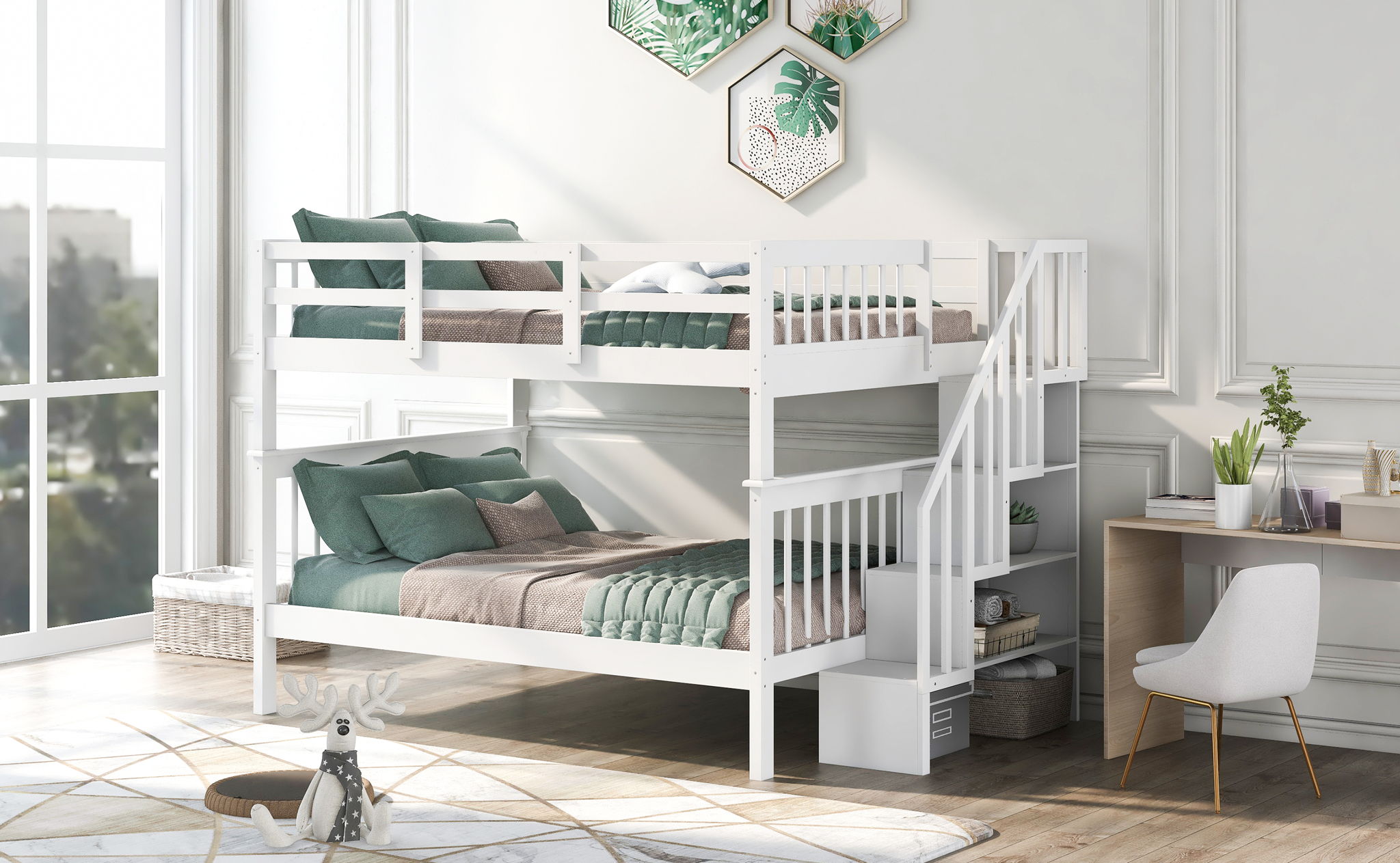 Stairway Bunk Bed With Storage And Guard Rail For Bedroom