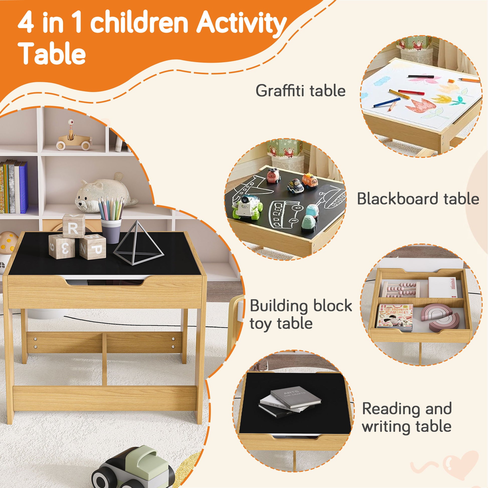 3 In 1 Kids Study Table & Chairs Set Multi Functional Activity Table With Detachable Blackboard Top - Natural Wood - Best Buy Furniture