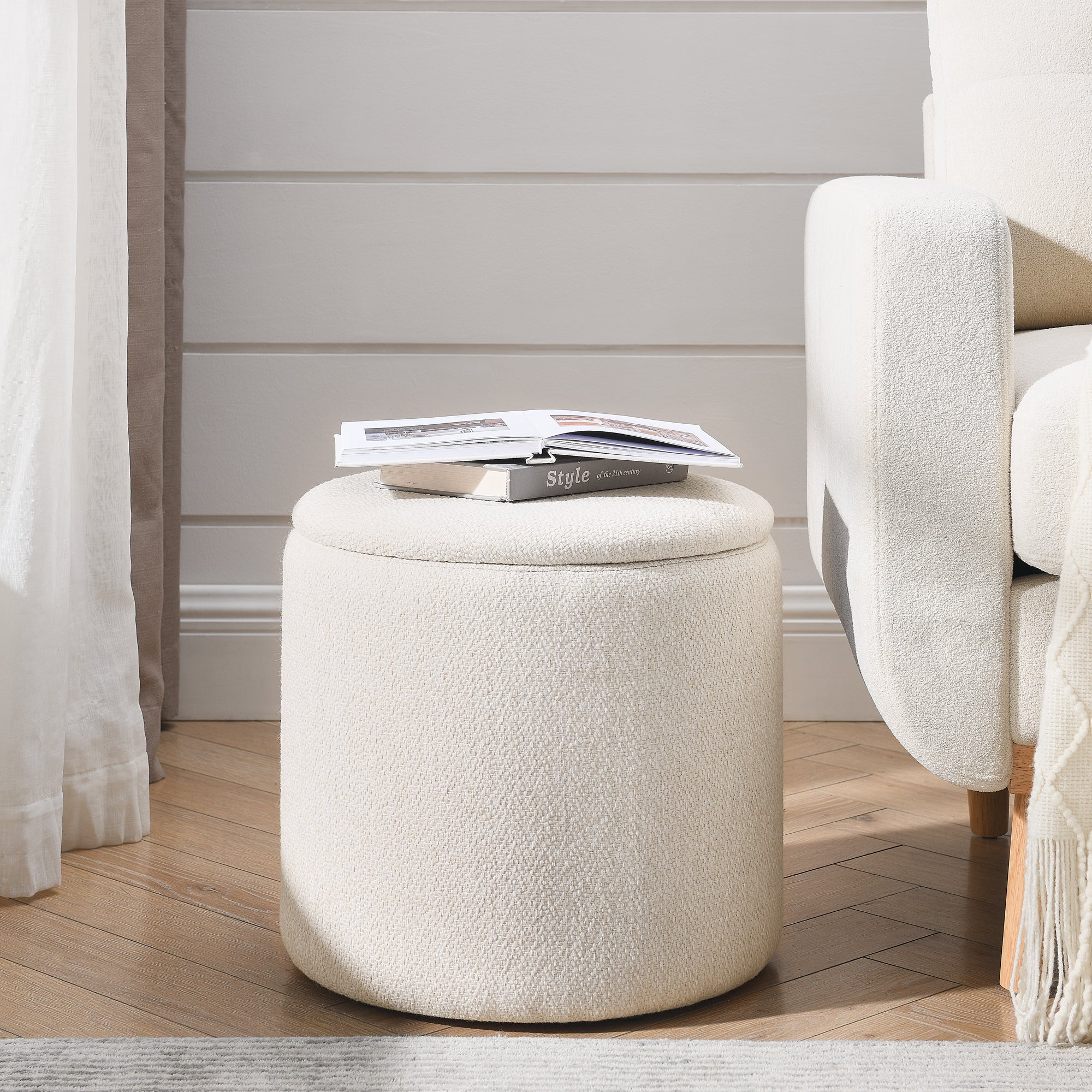 Classic 2-Piece Round Chenille Storage Ottoman Set with Drum Shaped Stool - Beige