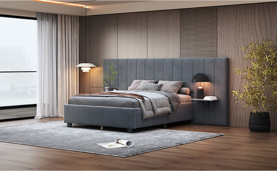 Upholstered Platform Bed With Big Headboard