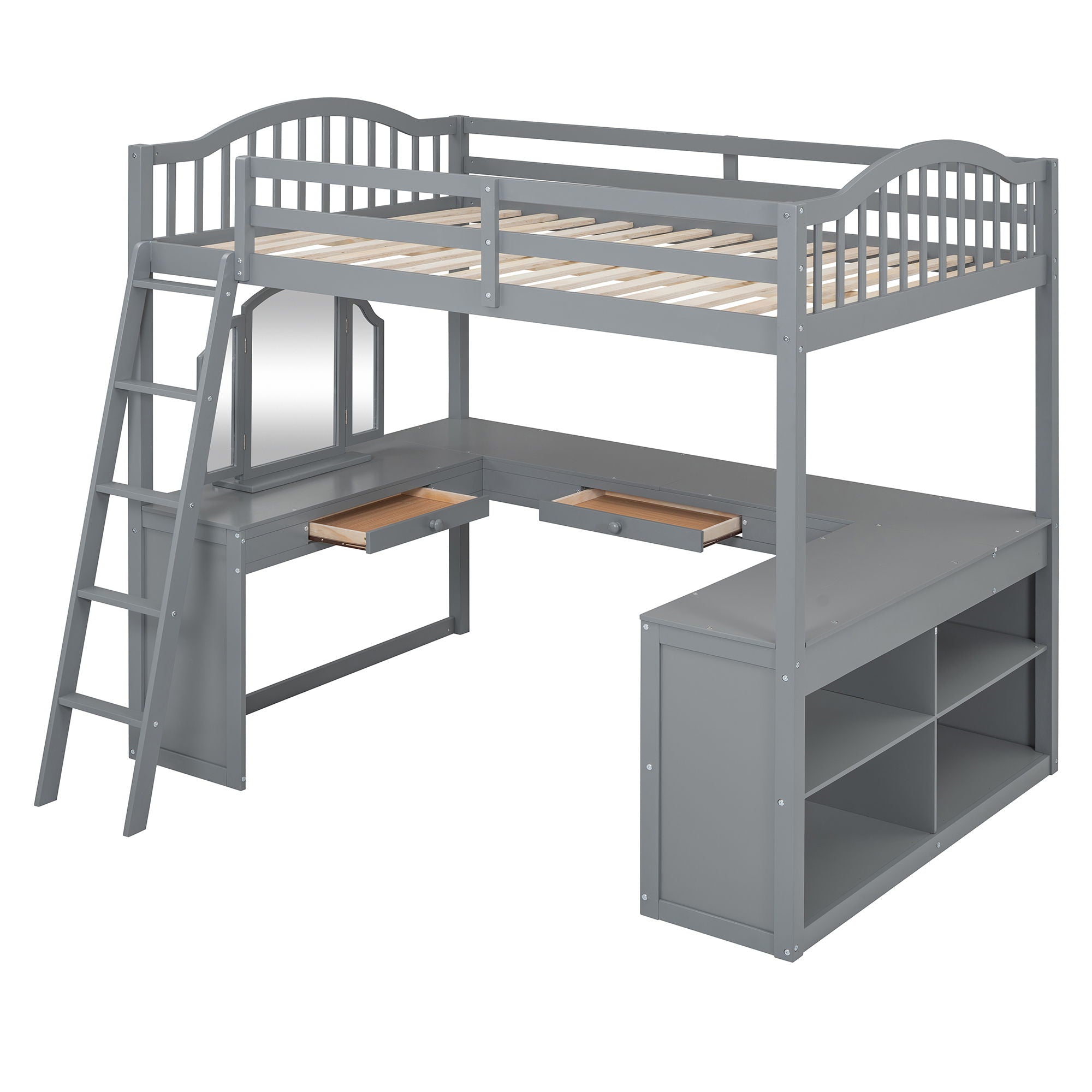 Loft Bed With Drawers, Cabinet, Shelves With Desk