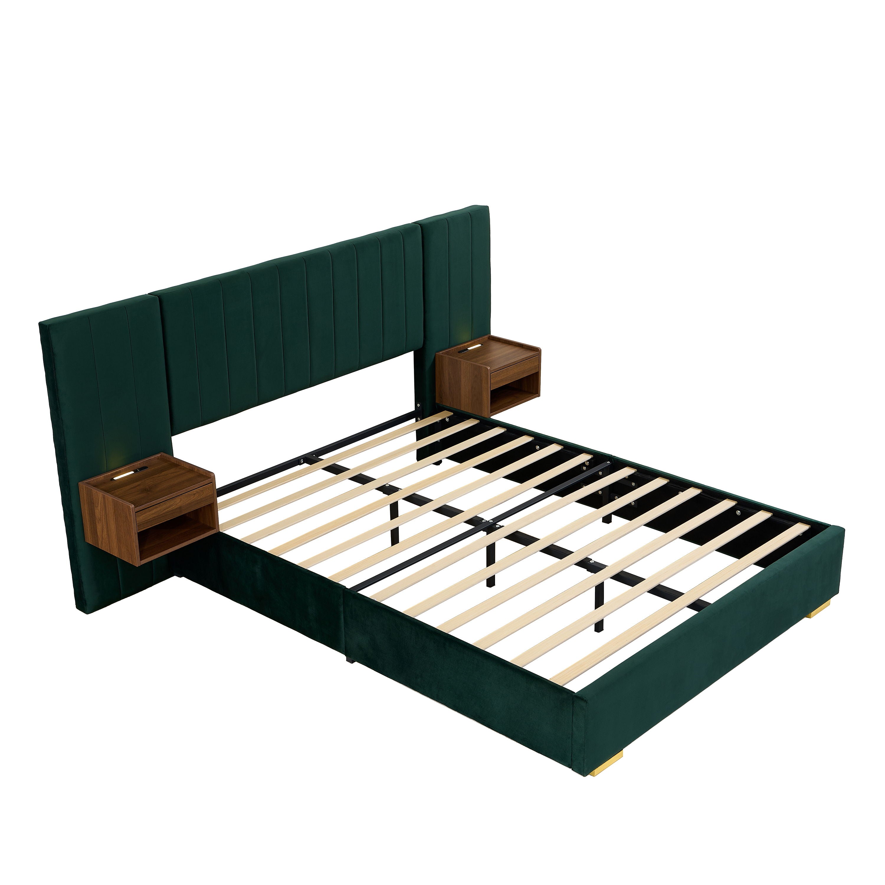 Upholstered Bed Frame Of Velvet Tufted Headboard With Floating Nightstand LED / USB Built
