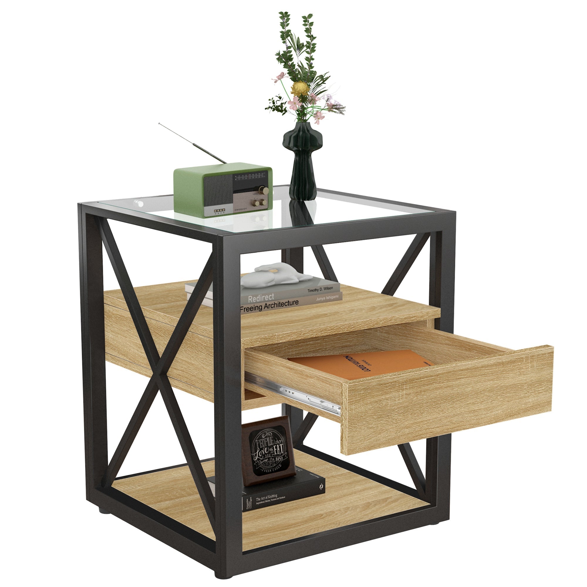 Set of 2 Modern End Tables with Drawer - Nightstands for Bedroom & Living Room