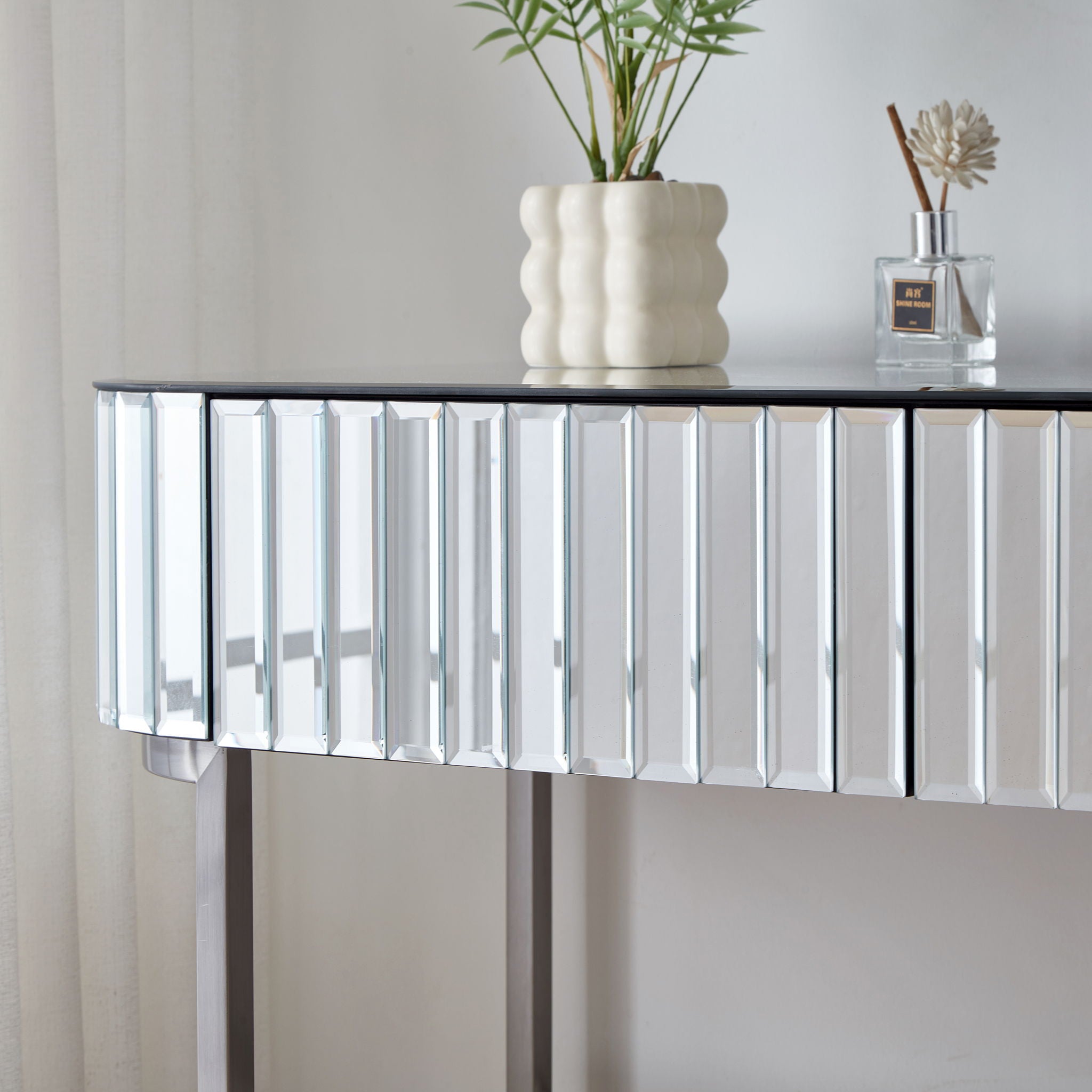 Mirrored Makeup Vanity Table With Stainless Steel Base And 2 Drawers