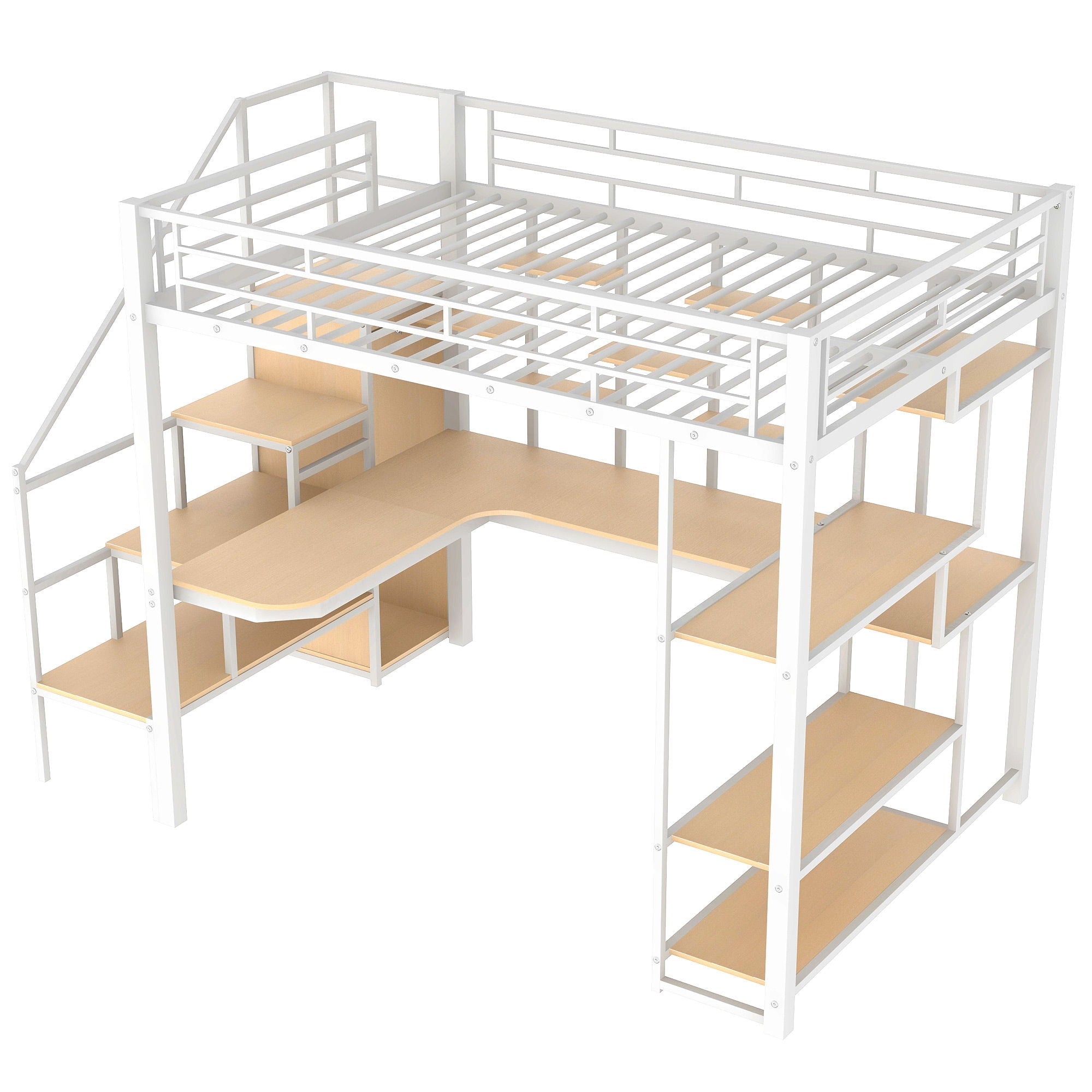 Loft Bed With Storage Staircase And Small Wardrobe, Built - In Desk And Storage Shelves