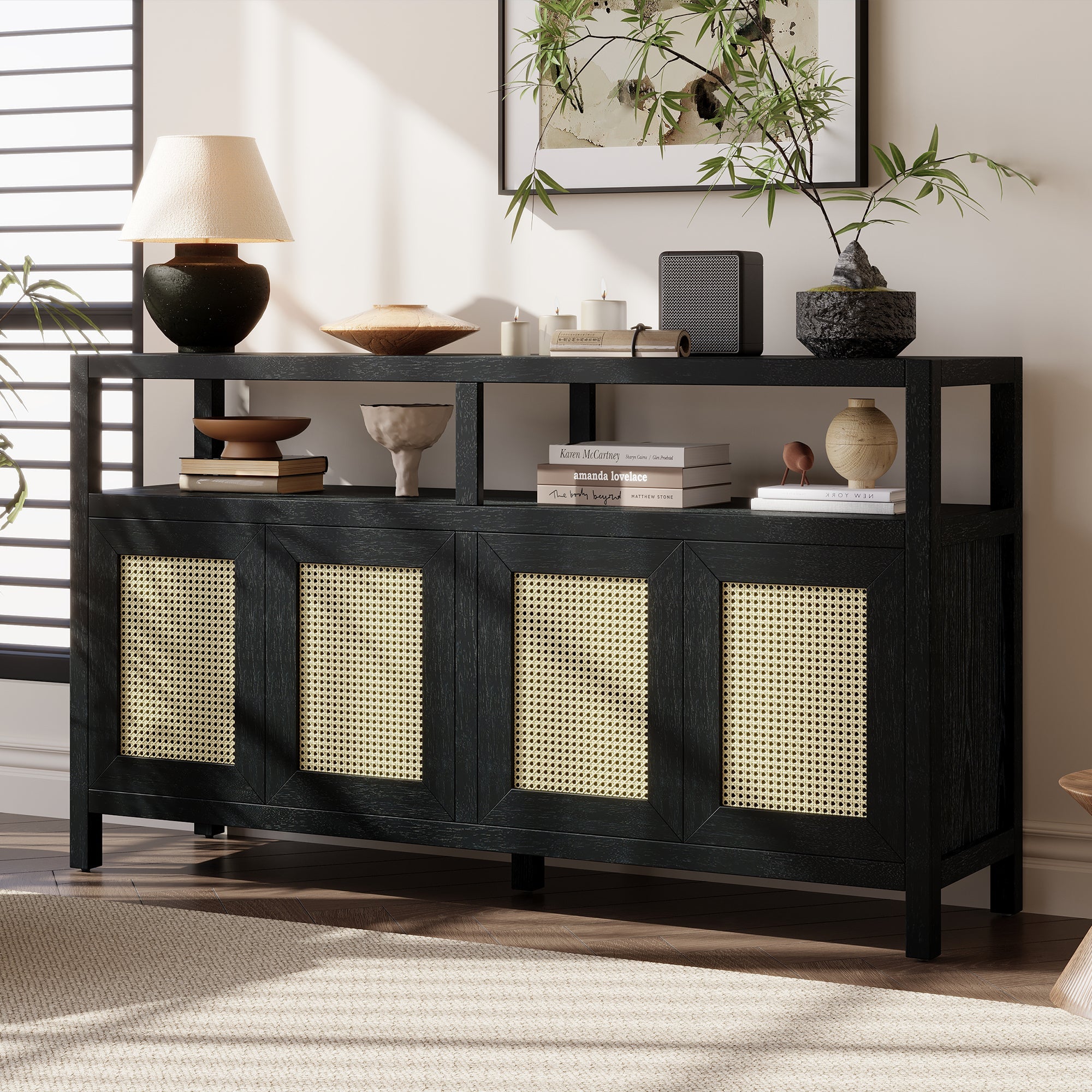 TREXM Bohemian Style Rattan Buffet Storage Cabinet with Solid Wood Frame (Black)
