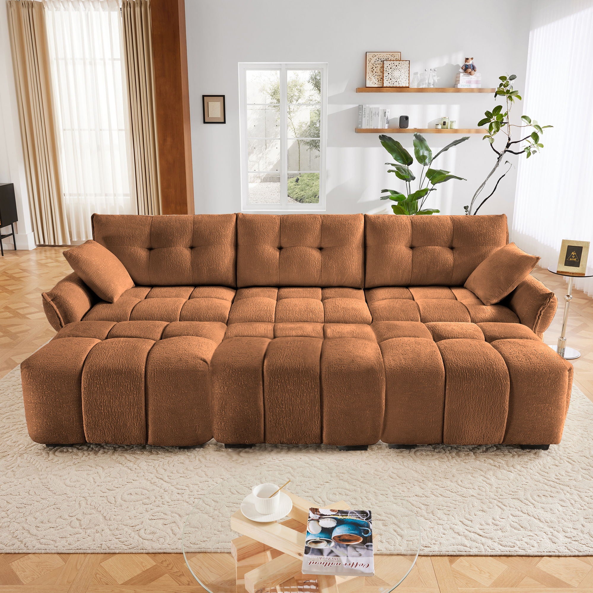 Sofa Set With Ottoman And Pillows, Textured, High Resilience Cushions