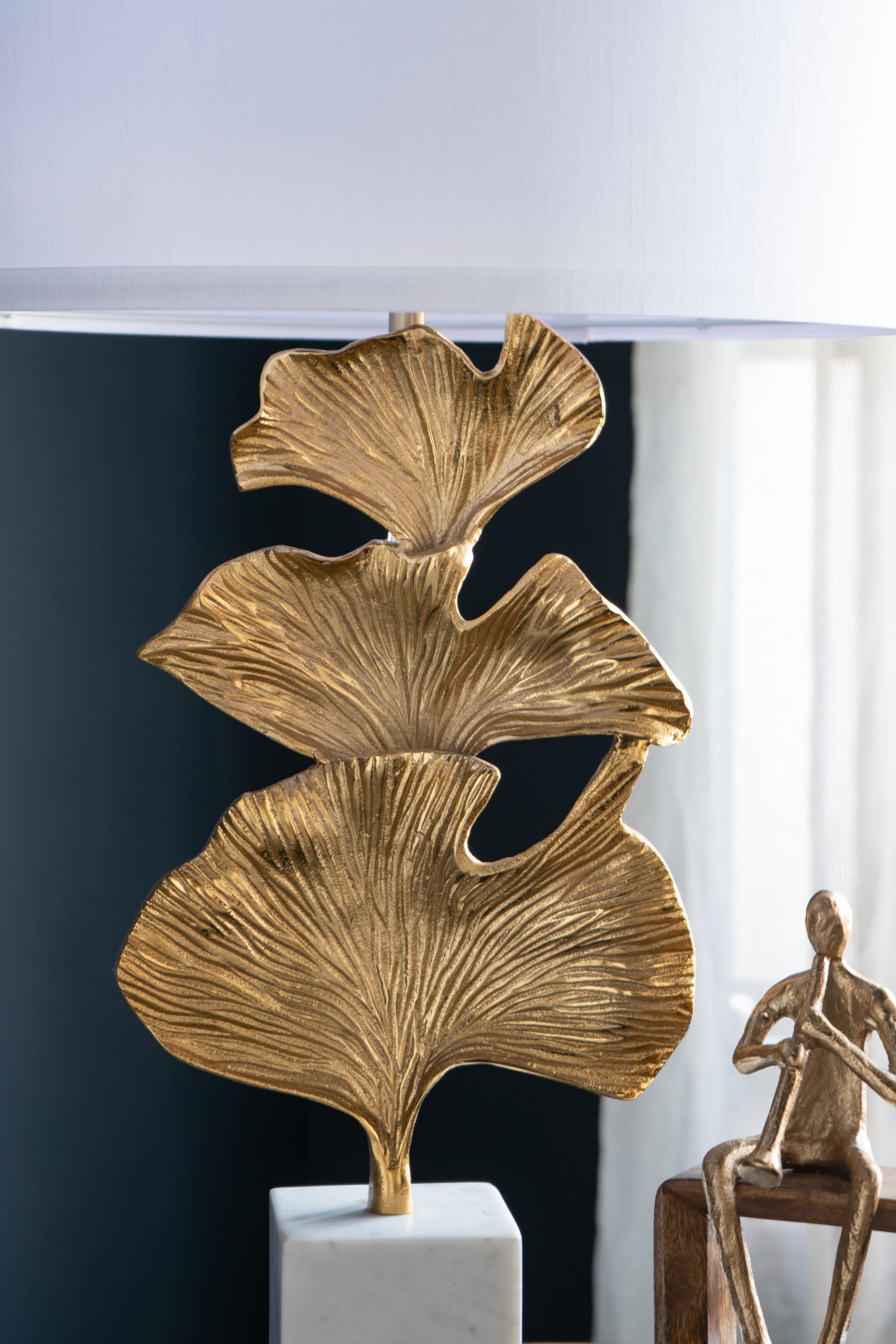 Gold Ginkgo Leaf Table Lamp with Marble Base and White Drum Shade