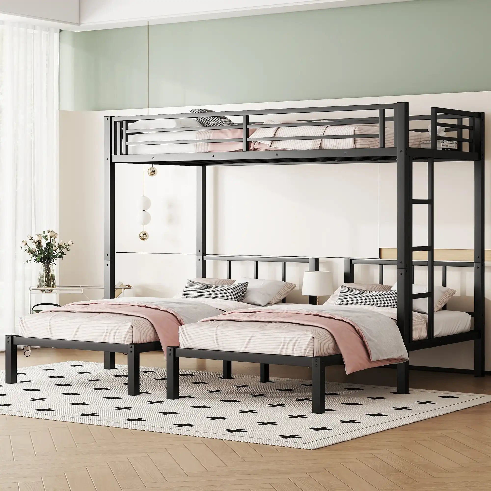 Triple Bunk Bed, Metal Frame, Twin Over Twin & Twin XL, Black