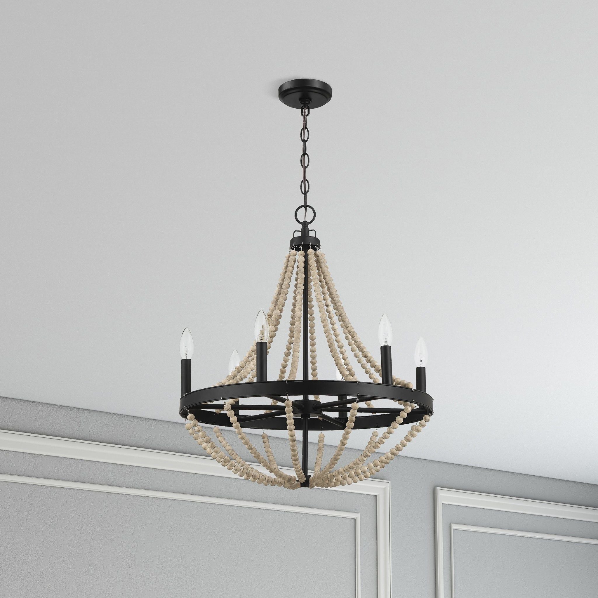 Starry - Chandelier Farmhouse Six Candle Light Wood Beaded Pendant Light For Dining Room - Black / Clear
