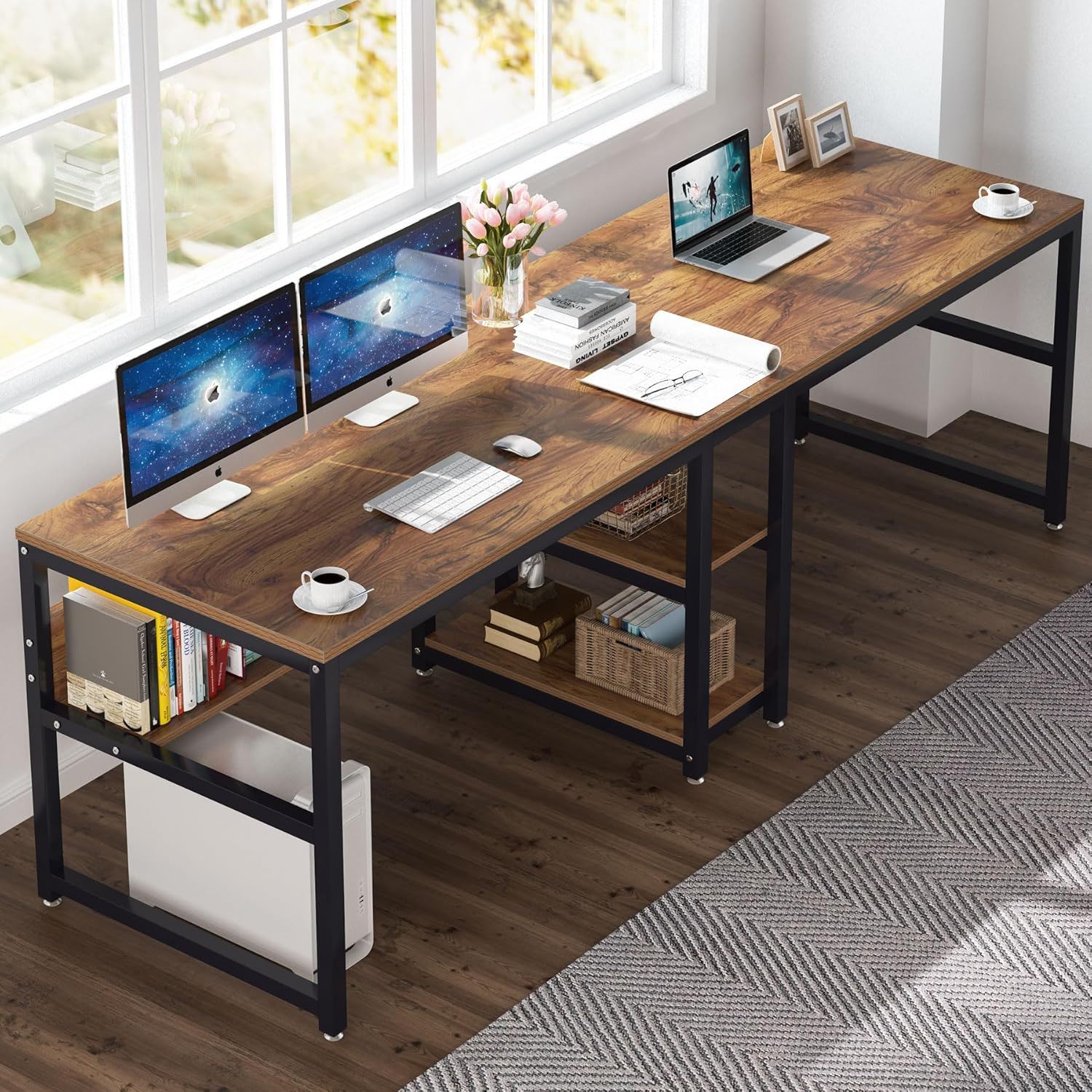 Double Desk For 2 With Bookshelves, 2 Person Workstation With Storage - Brown / Black