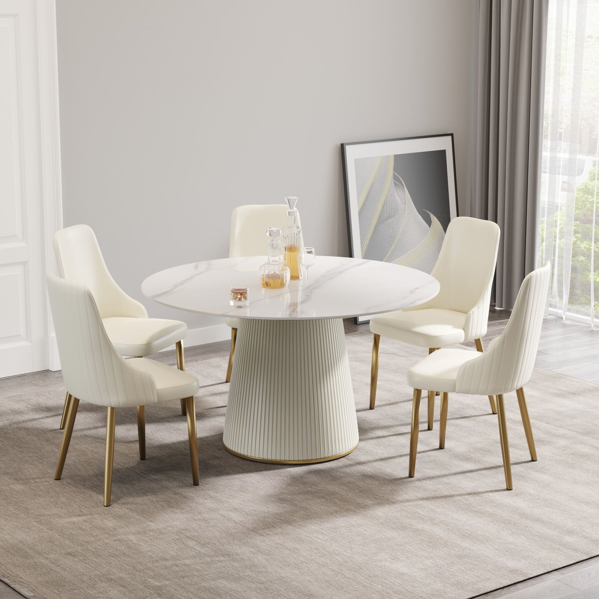 Modern Artificial Stone Round Plywood Base Dining Table, Can Accommodate 6 People, (Not Including Chairs) - White / Beige - Best Buy Furniture