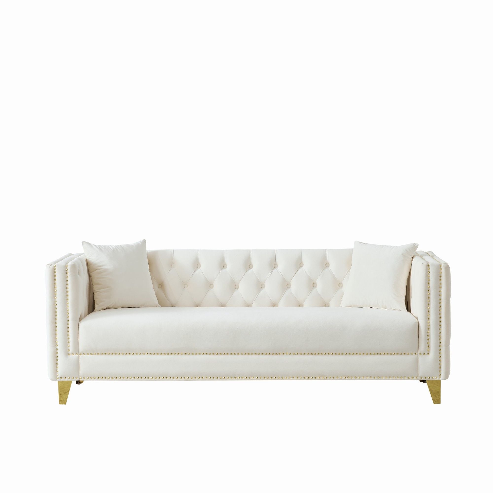 3 And 3 Seater Deep Seat Sofa With Button Nailhead And Square Arm Design - Beige