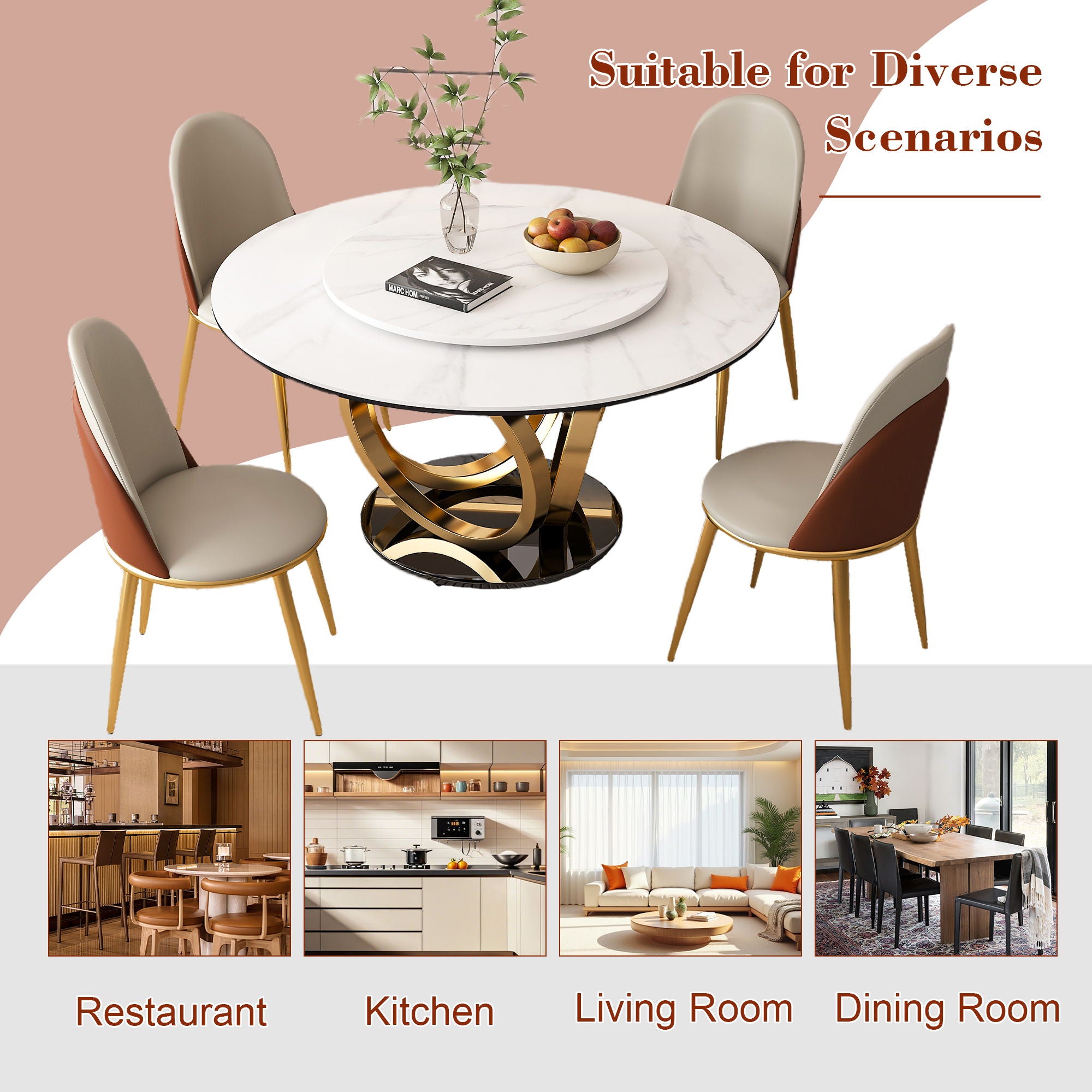 Round Dining Table With 360° Smooth Lazy Susan Stain / Heat - Gold / Black / White