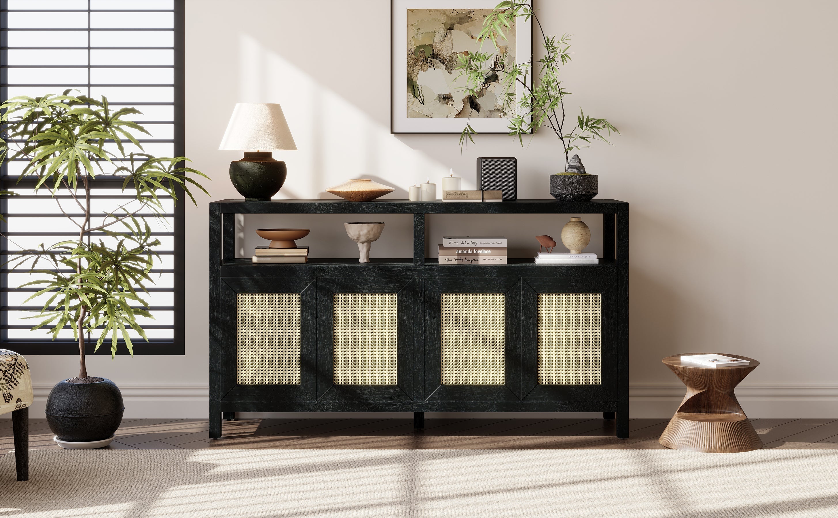 TREXM Bohemian Style Rattan Buffet Storage Cabinet with Solid Wood Frame