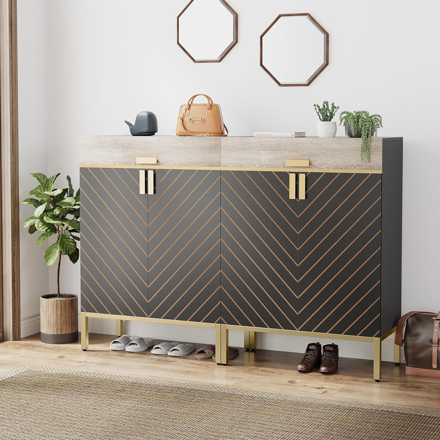 4 Tier Entryway Shoe Cabinet With Doors - Gray / Gold