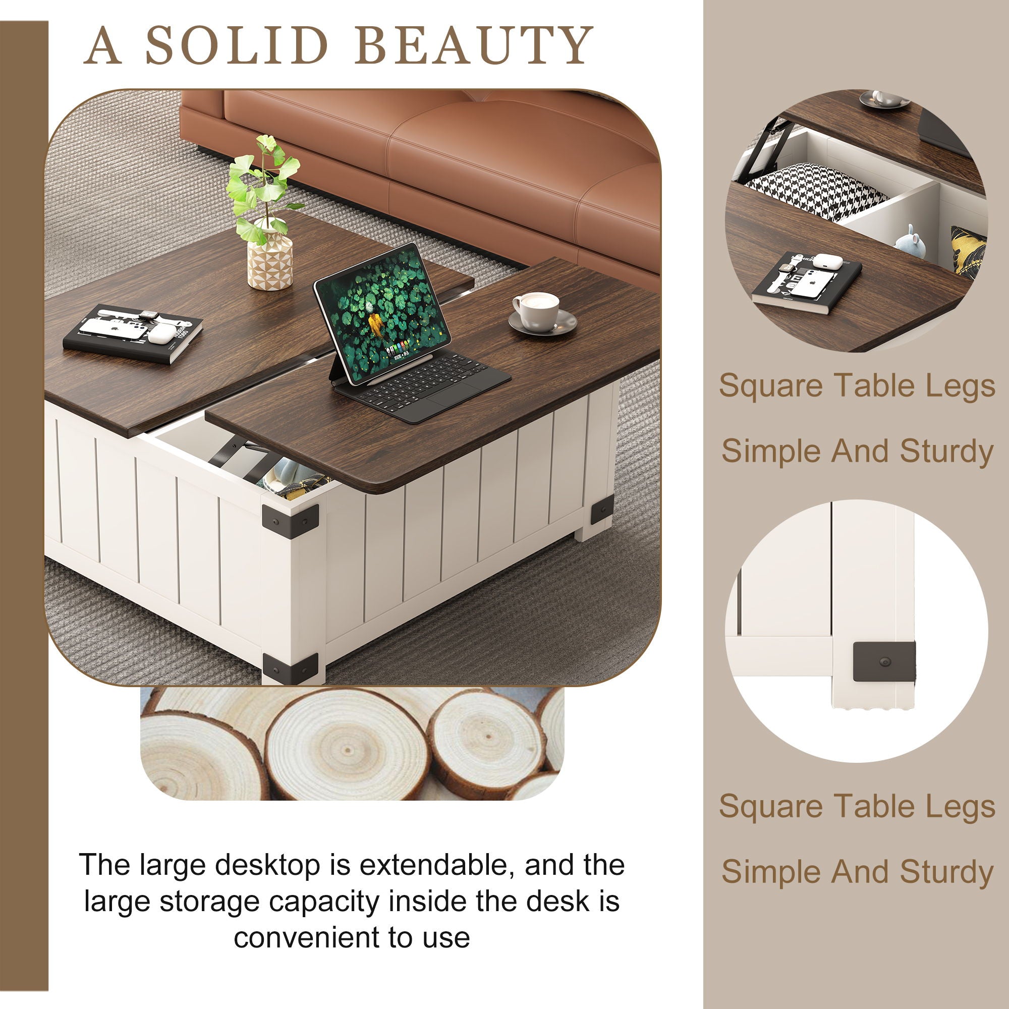 Farmhouse Style Lift Top Coffee Table With Storage And Charging Station - White Wood
