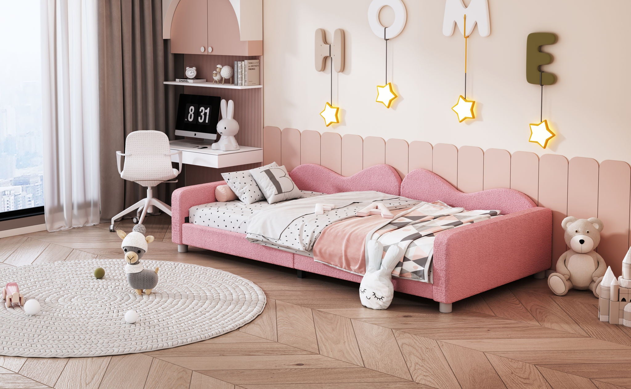 Upholstered Daybed, Sherpa Fabric Sofabed With Cloud-Shaped Backrest
