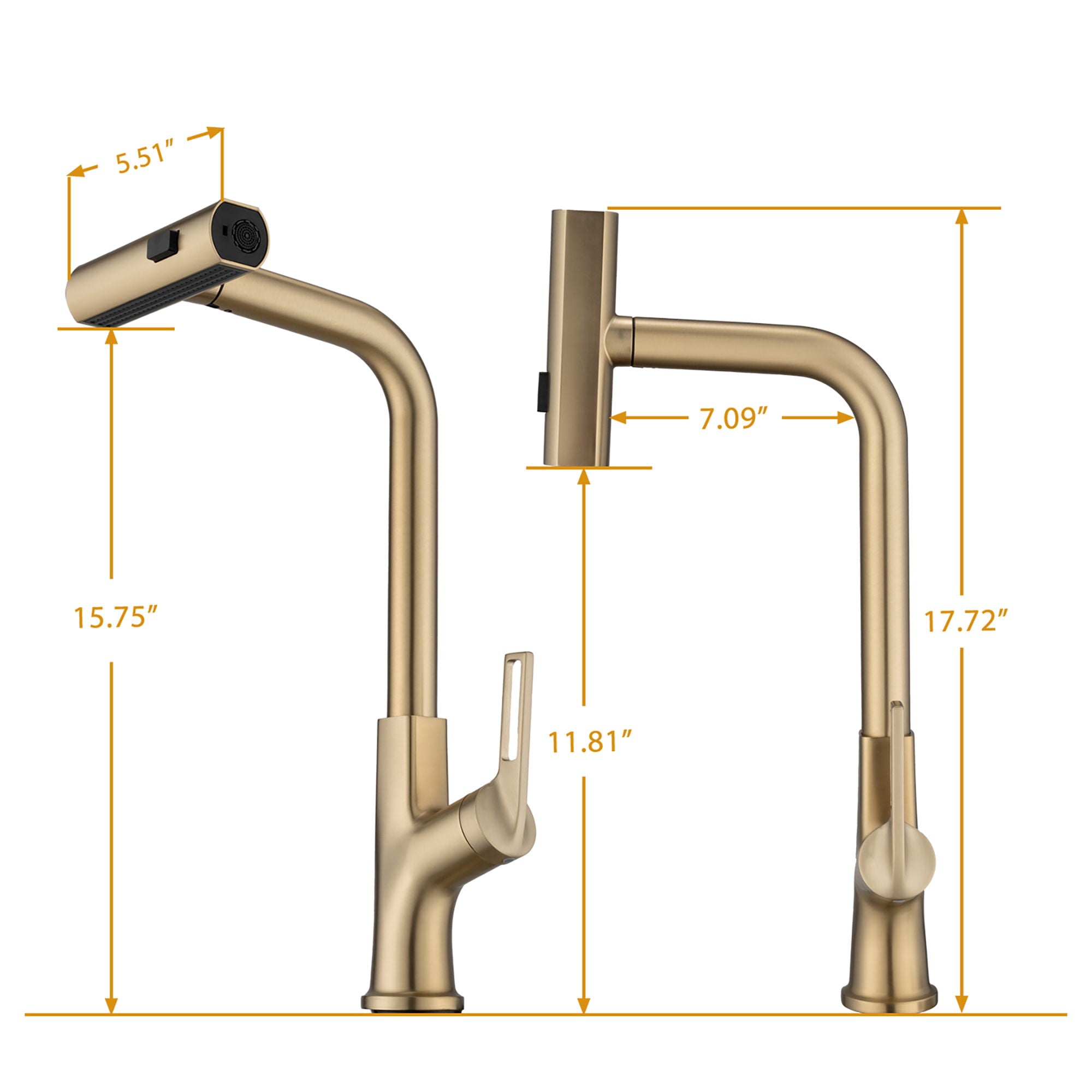 Kitchen Waterfall Faucet With Pull Down Sprayer, Single Handle, 360 Degree Rotating Zinc Alloy - Brushed Gold
