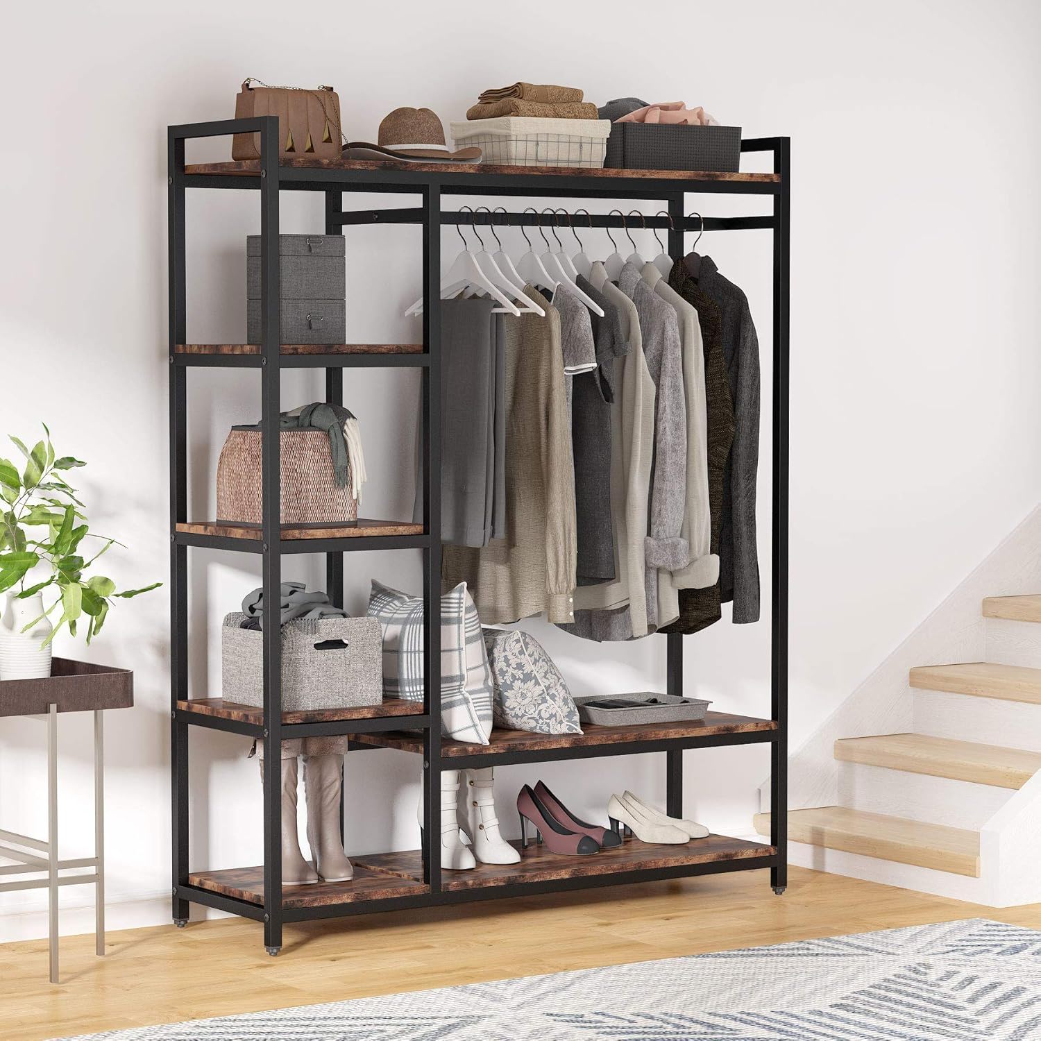 Free Standing Closet Organizer With 6 Shelves And Hanging Bar - Brown / Black