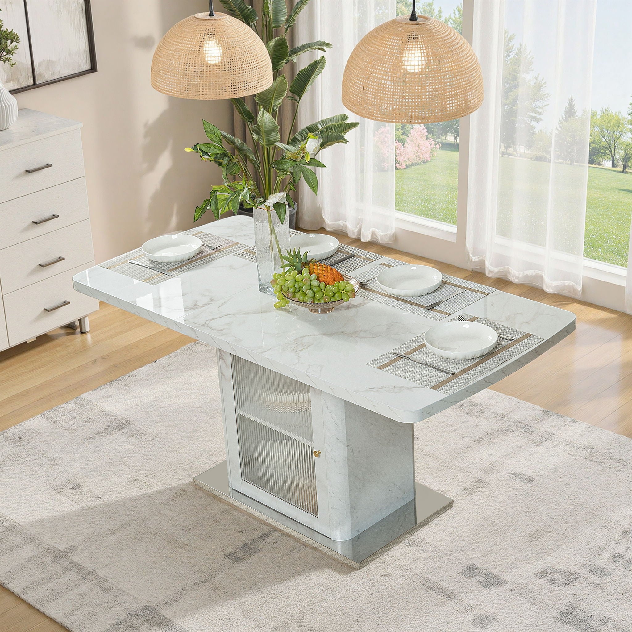 Modern Rectangle Dining Table With Stretchable Top, Storage Cabinet