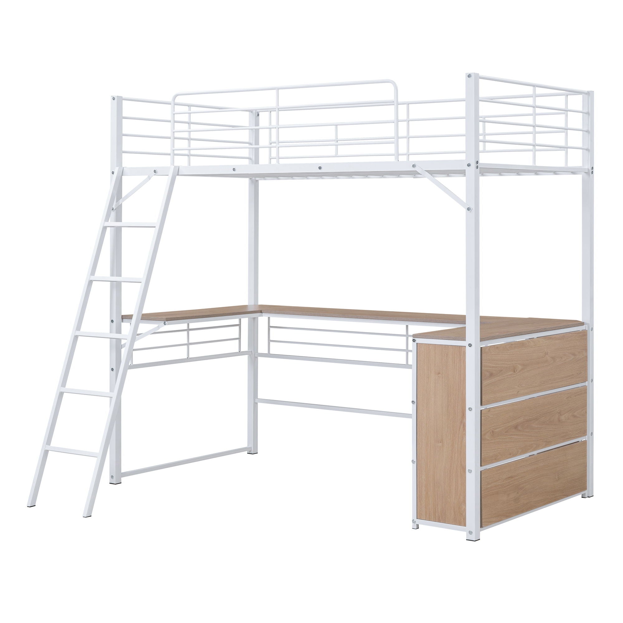 Loft Bed & 3 Layers Of Shelves And L-Shaped Desk