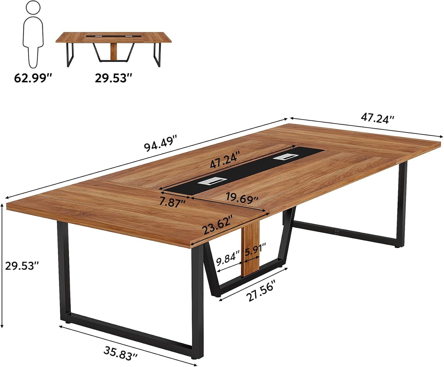 94.5' Large Conference Table for 8-10 People, Modern Office Meeting Table with Cable Management, Heavy-Duty Metal Legs, Training & Boardroom Furniture, Brown Walnut Finish - Best Buy Furniture