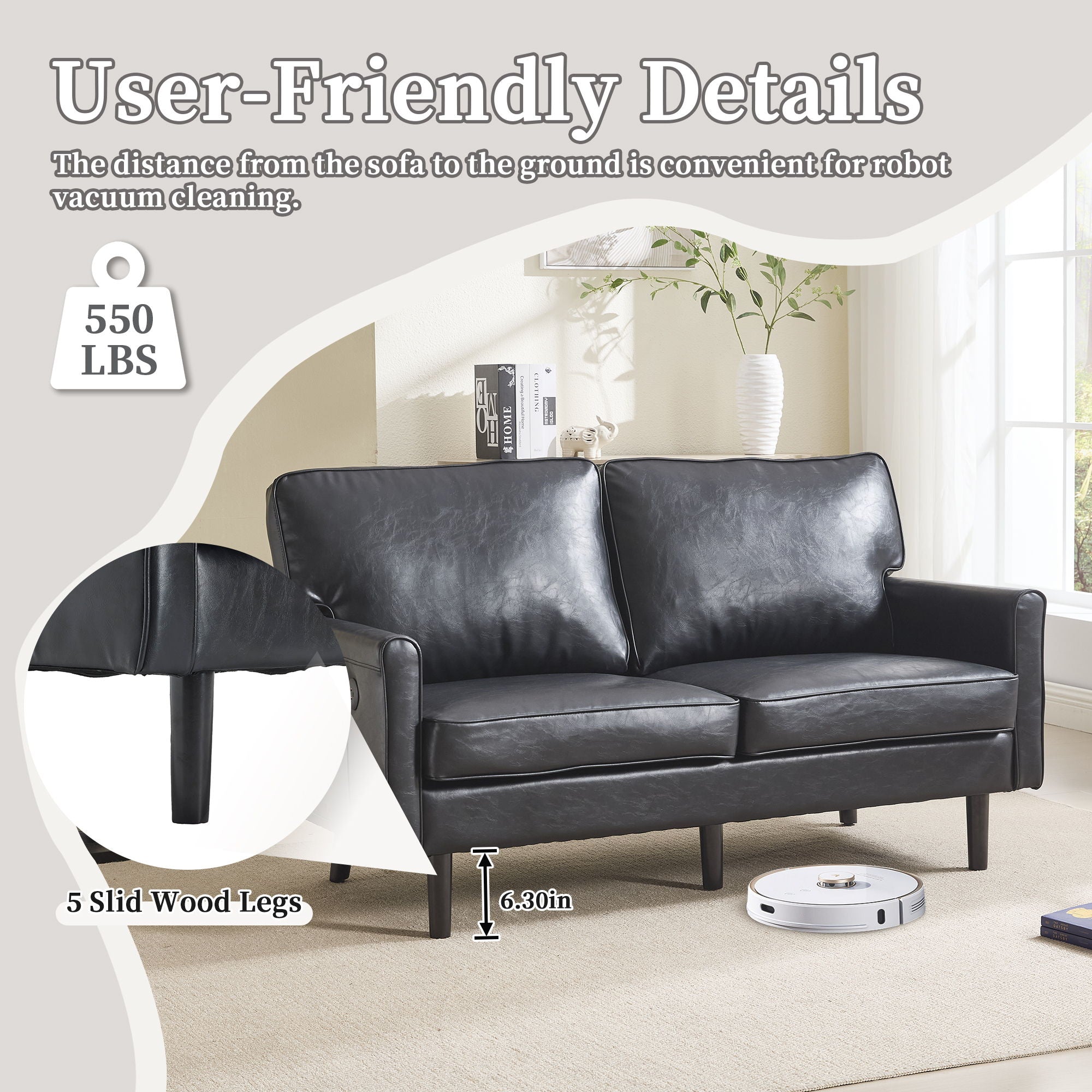 Mid Century Modern Loveseat Sofa With USB Ports, Removable Pillow Cover
