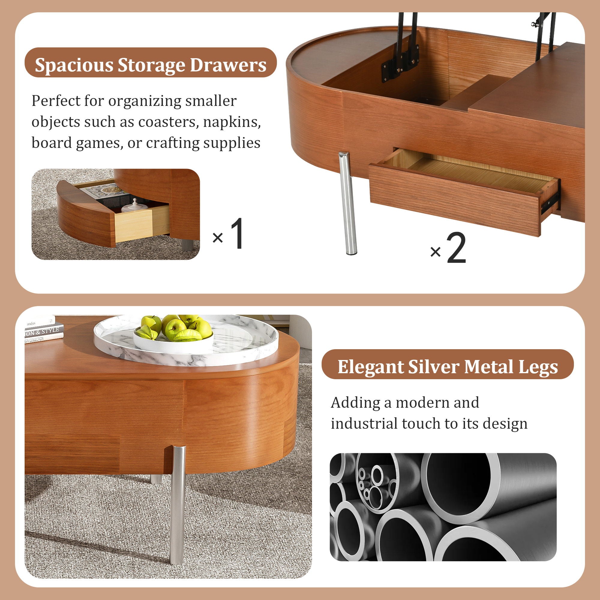 Lift Top Coffee Table With 360 Degree Marble Patterned Rotating Tray