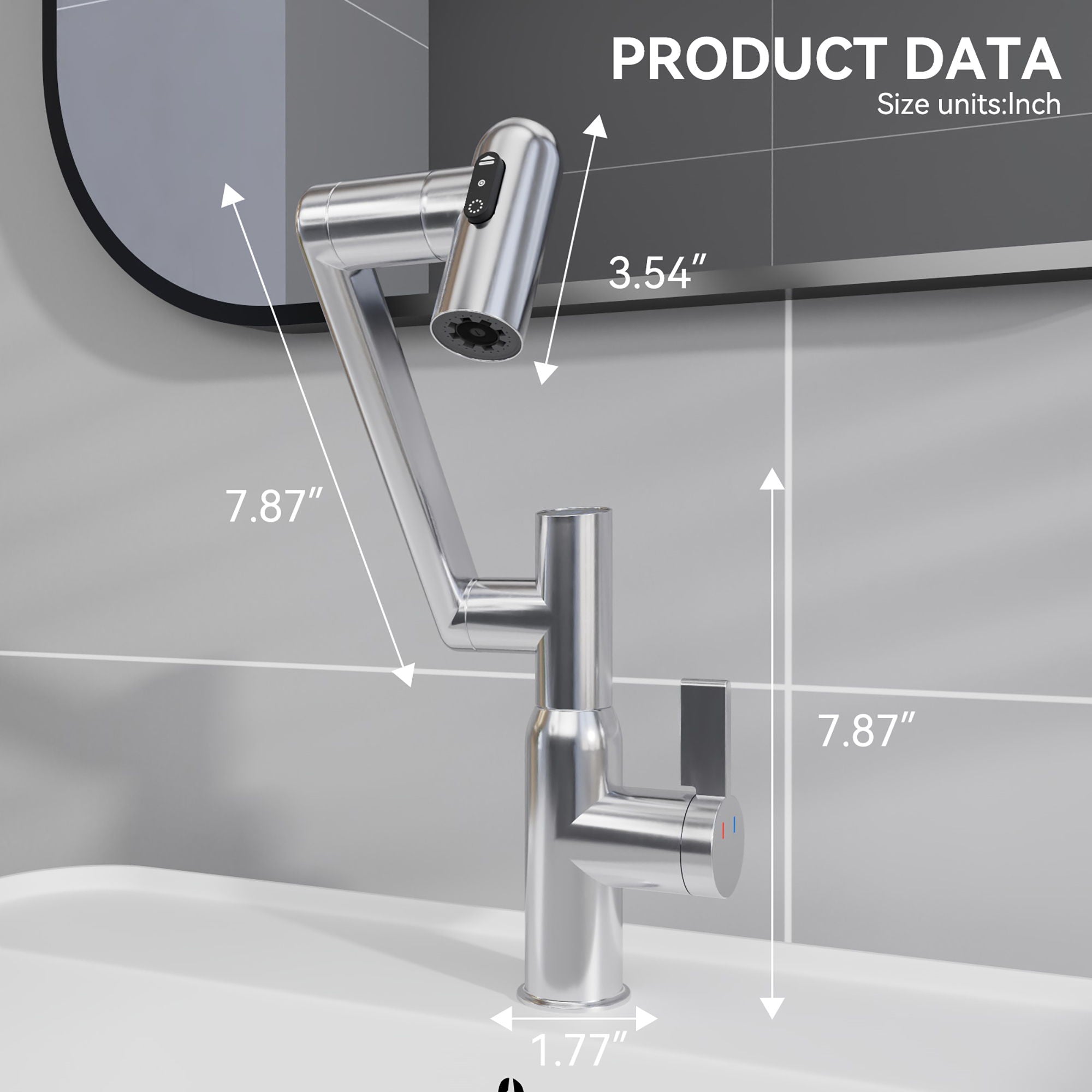 Bathroom Sink Faucet With Spray Function And Temperature Display, Anti Skid Switch, 360 Degree Rotary, Brass Material - Chrome