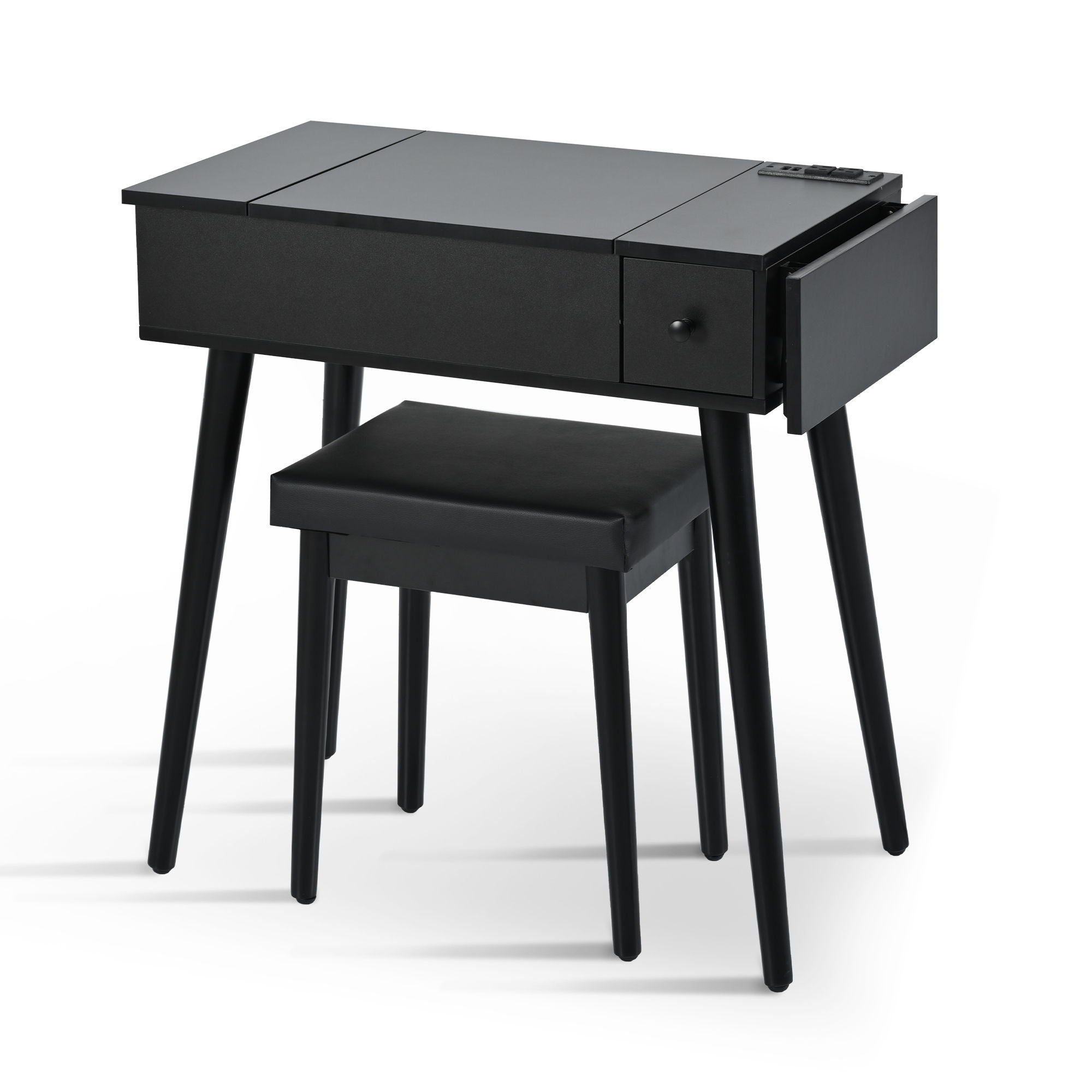 Makeup Vanity Desk With Flip Top Mirror And LED Light, Dressing Table With Charging Station, 2 Drawers And Fold Up Panel, Vanity Set With Cushioned Stool For Bedroom - Black