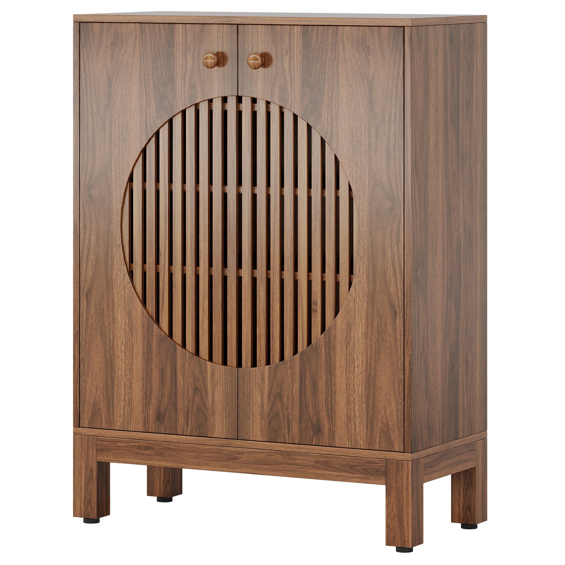 5 Tier Shoe Cabinet With Round Louvered Doors, Storage Organizer - Brown